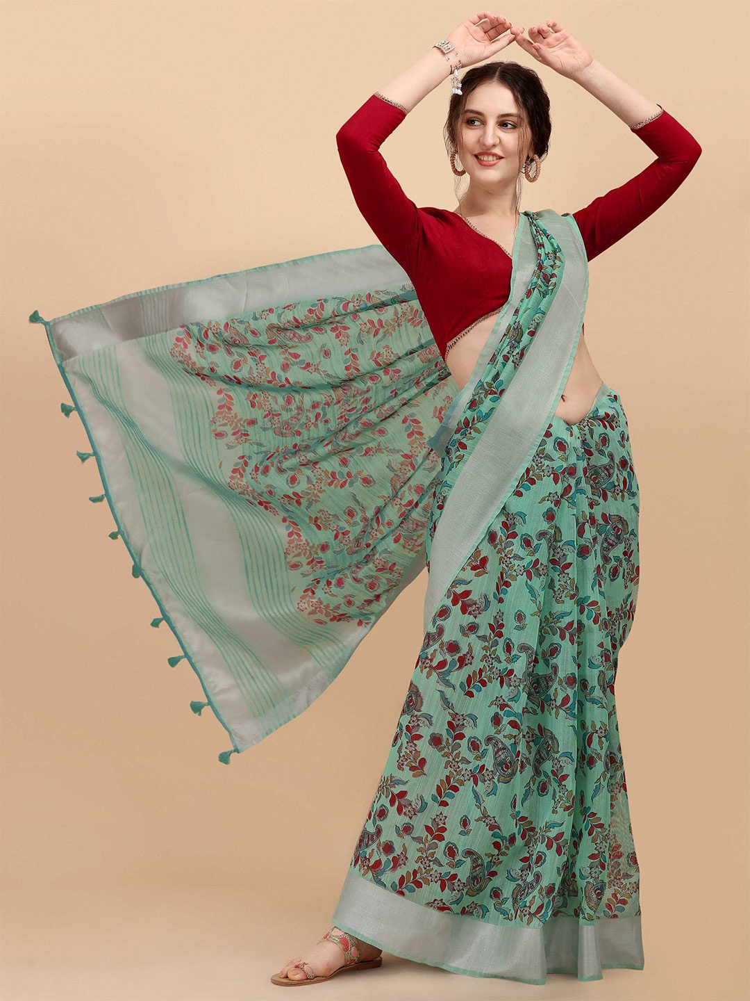 

DUNGRANI Turquoise Blue & Red Kalamkari Zari Linen Blend Saree