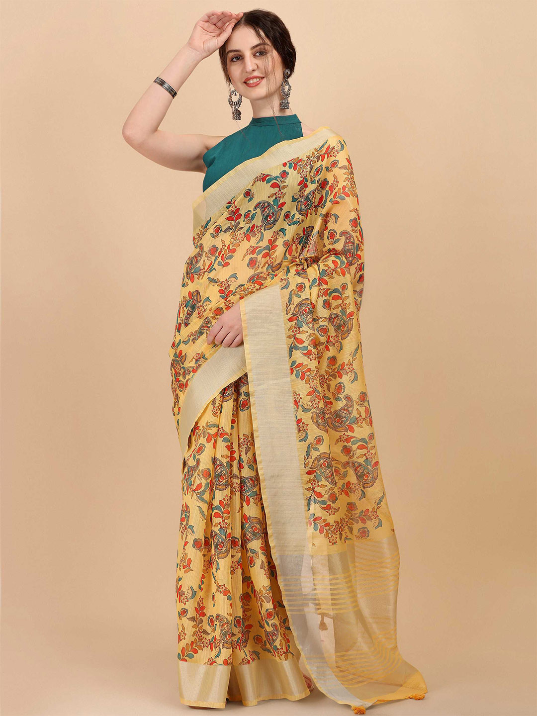 

DUNGRANI Yellow & Red Kalamkari Zari Linen Blend Saree