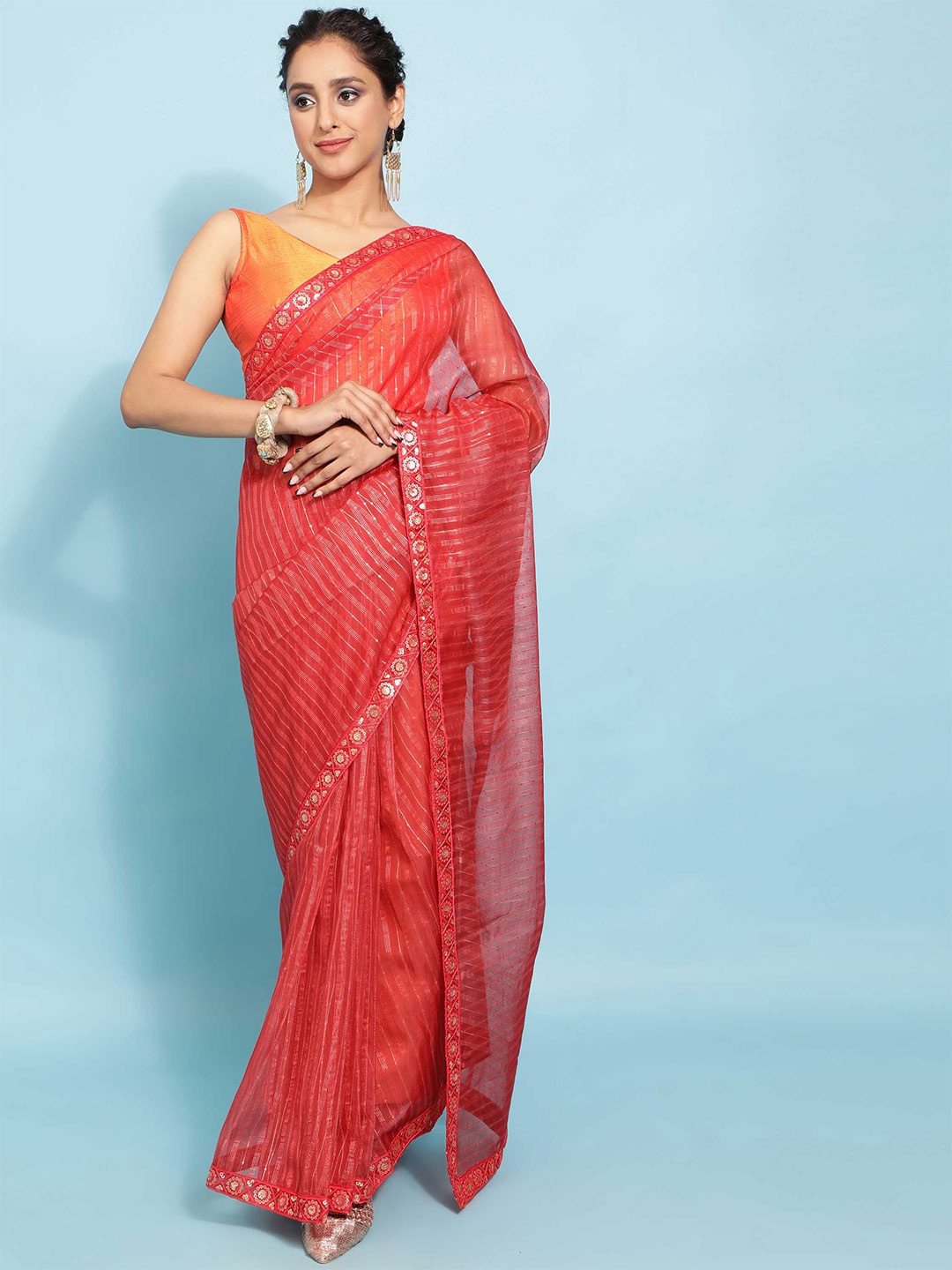 

DUNGRANI Maroon & Gold-Toned Striped Sequinned Organza Saree