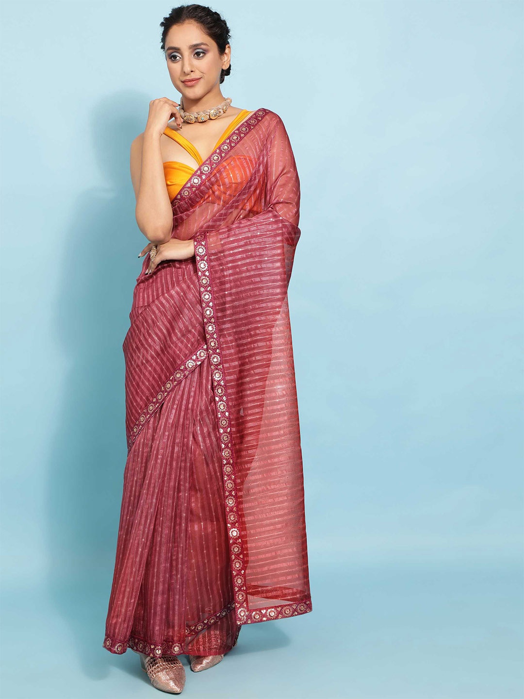 

DUNGRANI Magenta Striped Sequinned Organza Saree