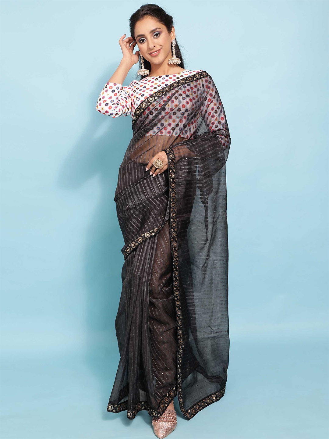 

DUNGRANI Black Striped Sequinned Organza Saree