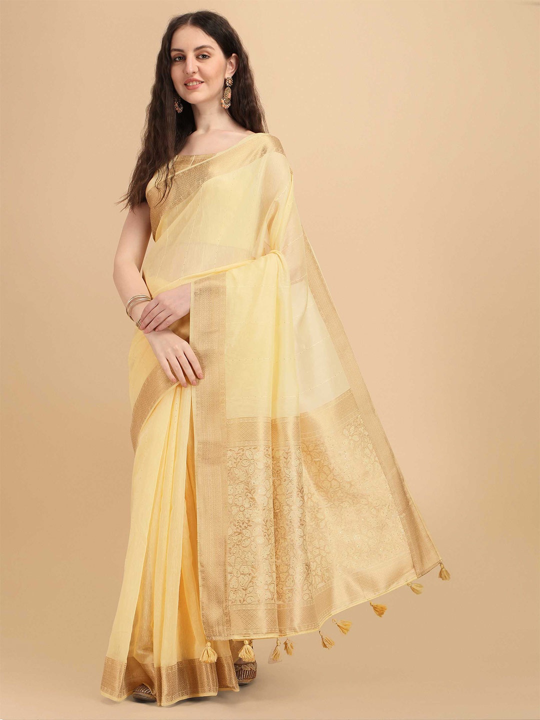 

DUNGRANI Yellow & Gold-Toned Striped Zari Silk Cotton Saree