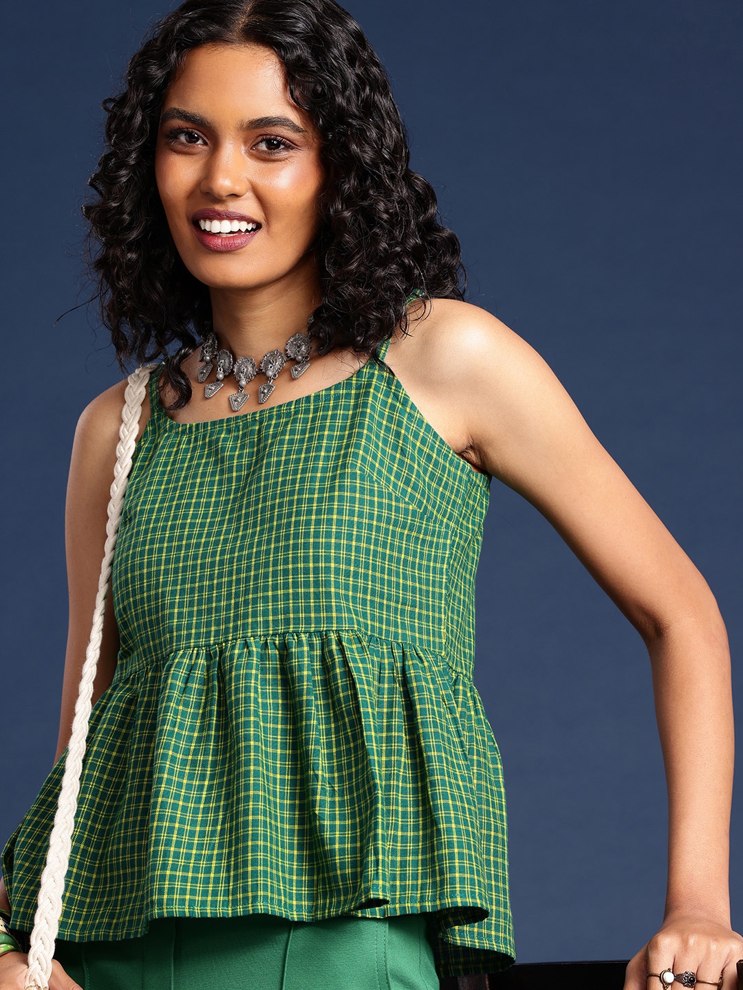 

Taavi Checked Pure Cotton Woven Legacy Peplum Top, Green