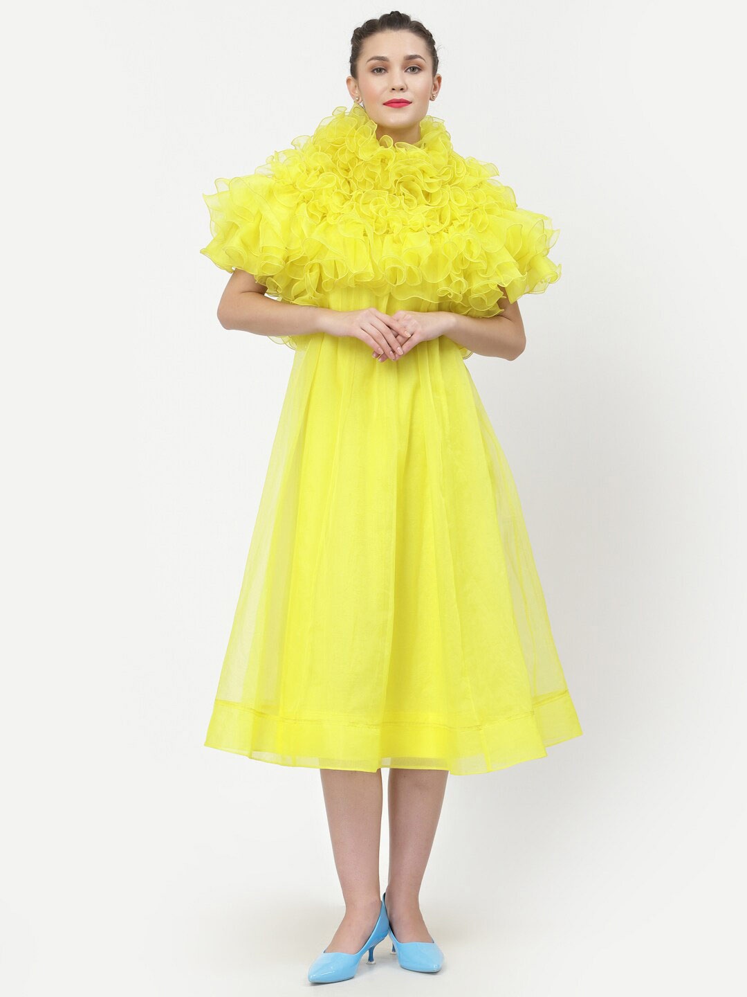 

LELA Women Yellow Frill Cape Collar Organza Midi Dress