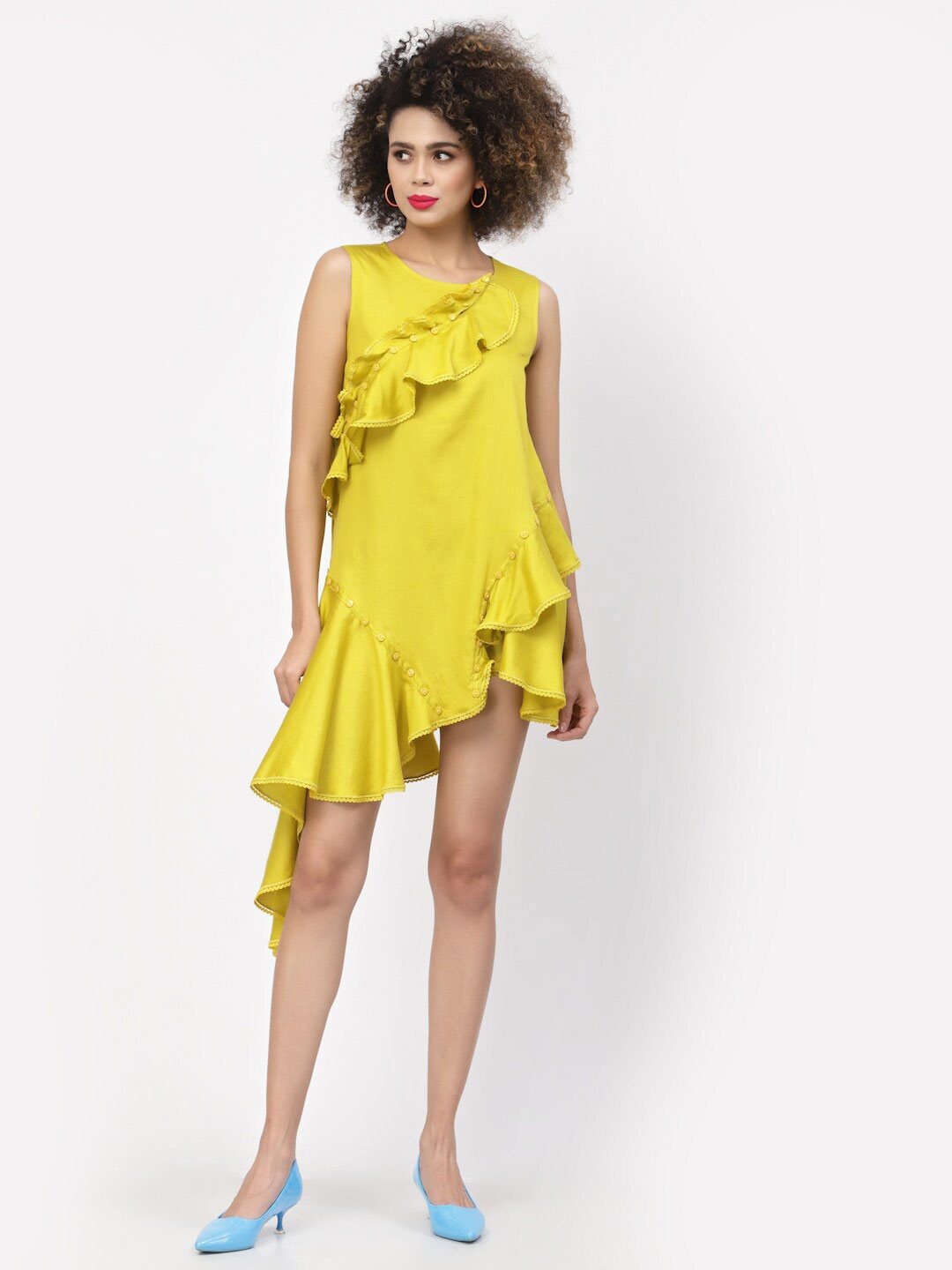 

LELA Yellow A-Line Cotton Ruffle Dress