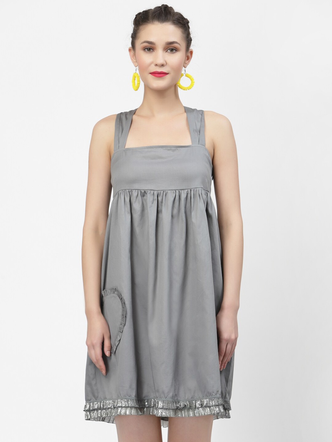 

LELA Women Grey Applique A-Line Cotton Dress