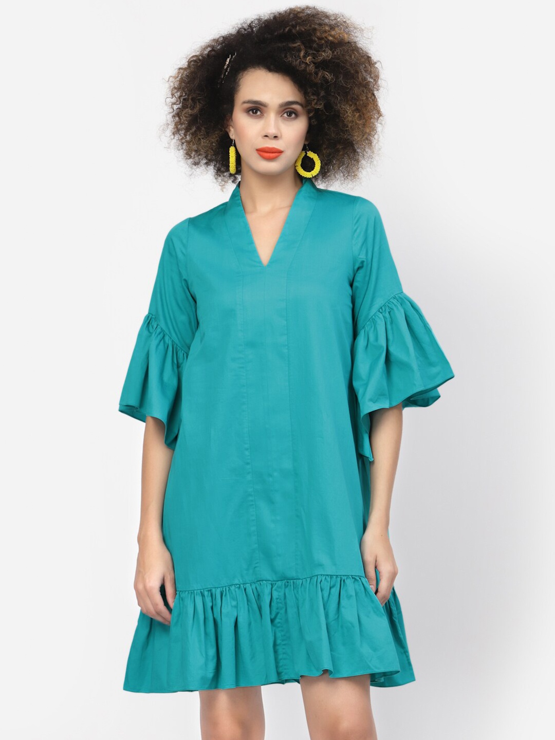 

LELA Turquoise Blue Frilled A-Line Cotton Dress