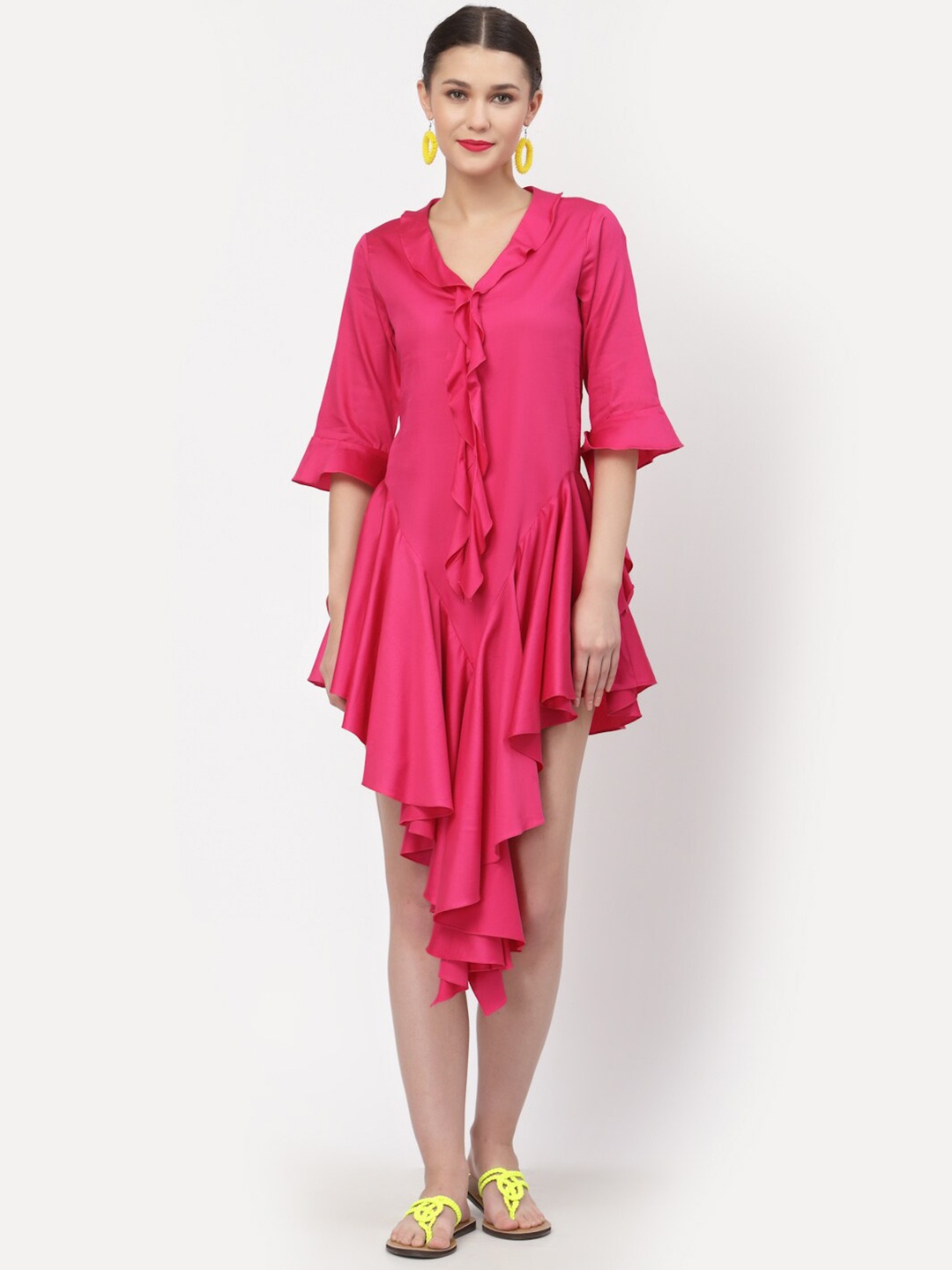 

LELA Pink A-Line Frill asymmetrical Cotton Dress