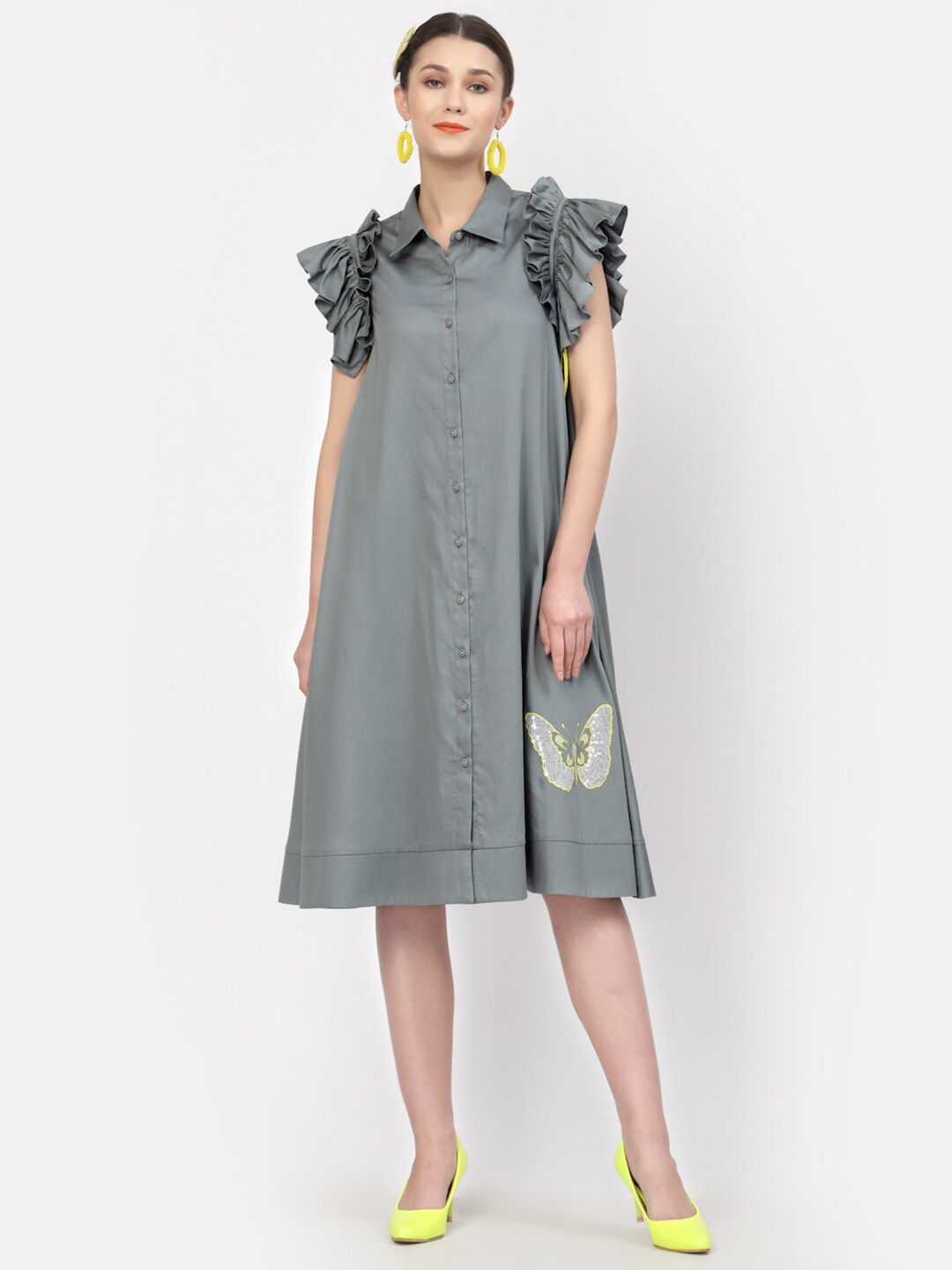 

LELA Grey Embroidered Detail Shirt Dress