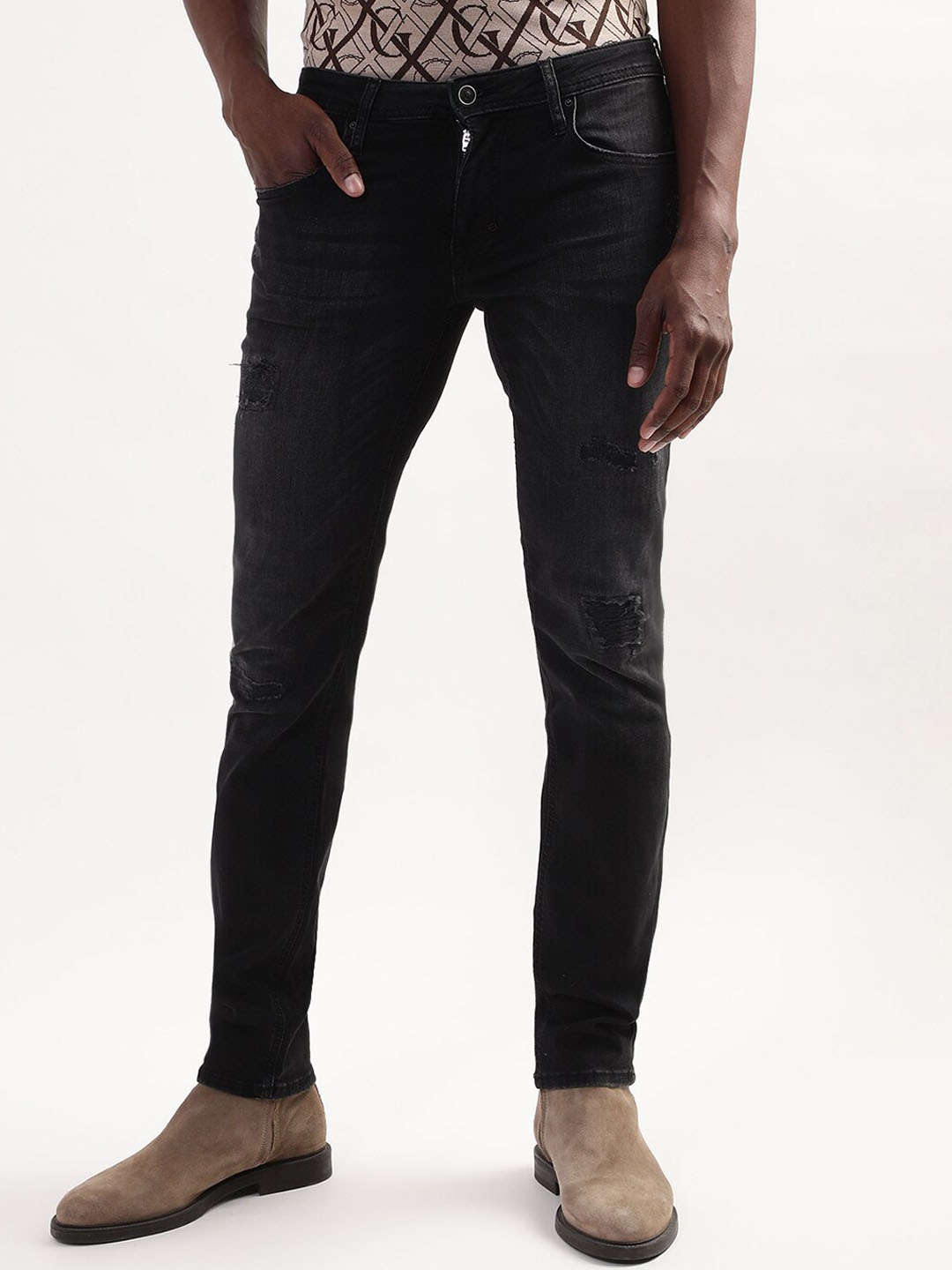 

Antony Morato Men Black Low Distress Light Fade Slim Fit Jeans