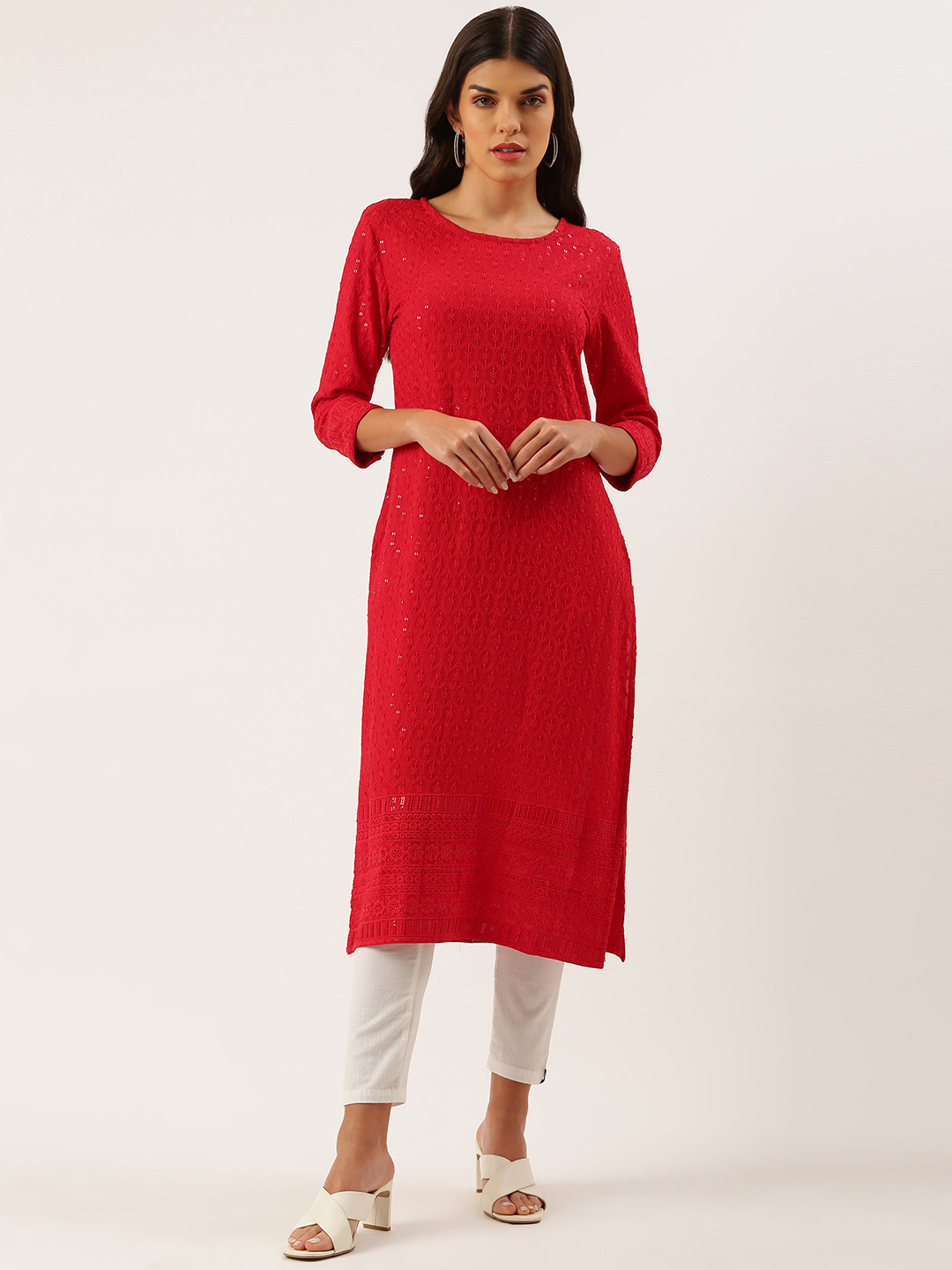 

SWAGG INDIA Women Red Ethnic Motifs Chikankari Sequin Embroidered Kurta