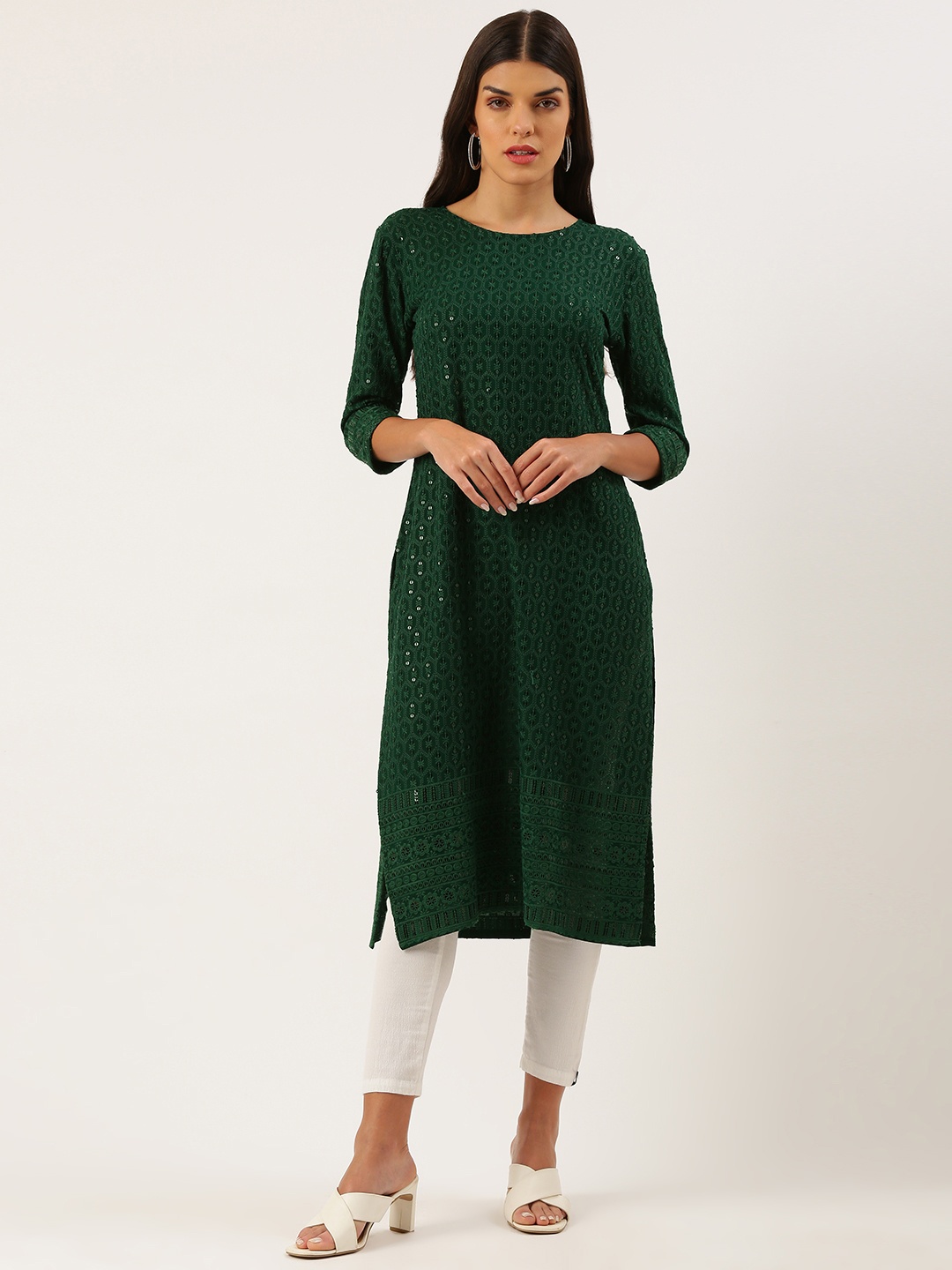 

SWAGG INDIA Women Green Ethnic Motifs Chikankari Sequin Embroidered Kurta