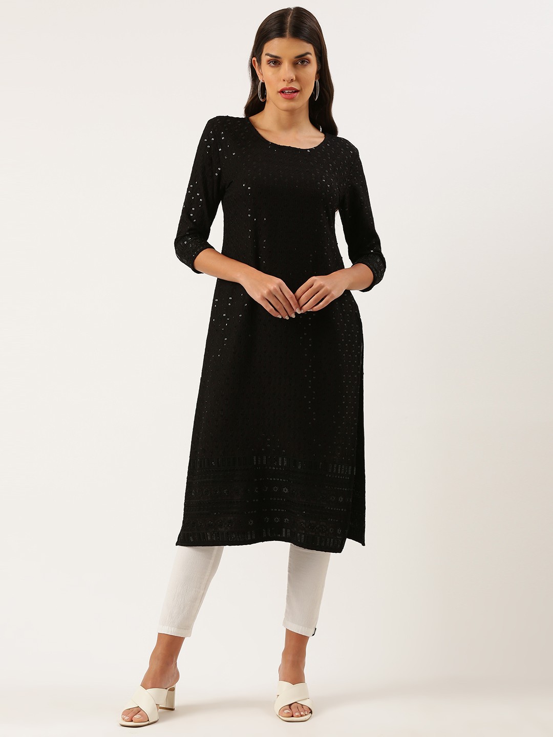 

SWAGG INDIA Women Black Ethnic Motifs Chikankari Sequin Embroidered Kurta