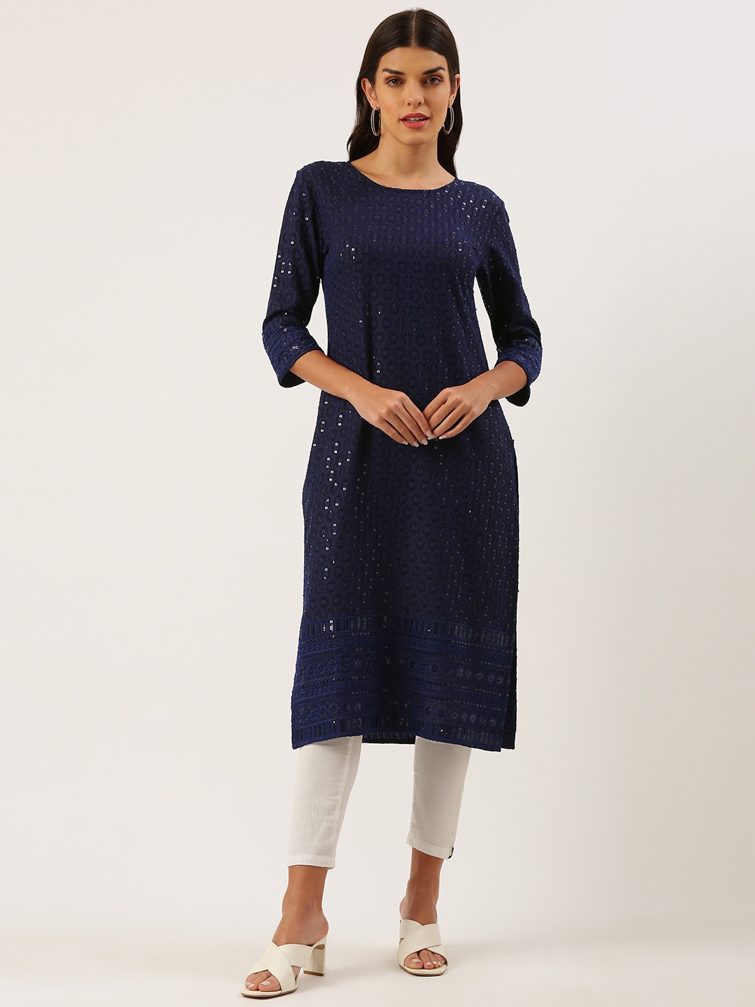 

SWAGG INDIA Women Navy Blue Ethnic Motifs Chikankari Sequin Embroidered Kurta