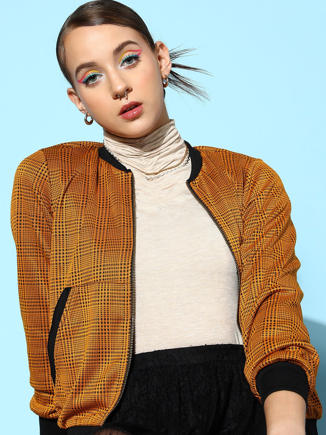 

SASSAFRAS Women Mustard Checked Bomber Jacket