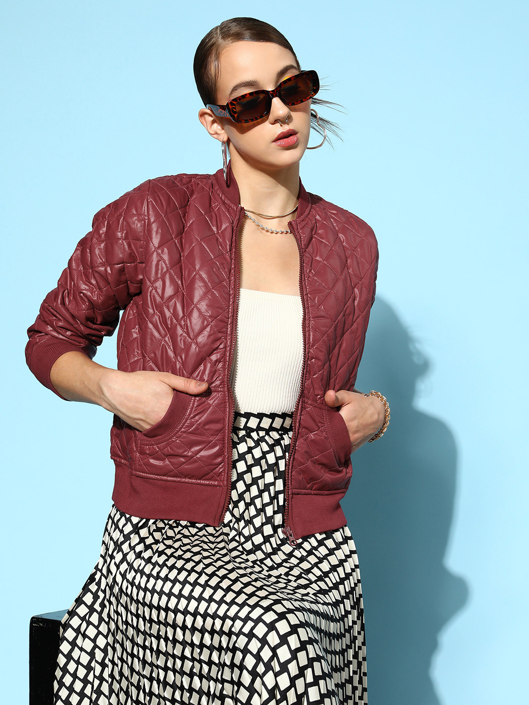 

SASSAFRAS Women Burgundy Solid Bomber Jacket