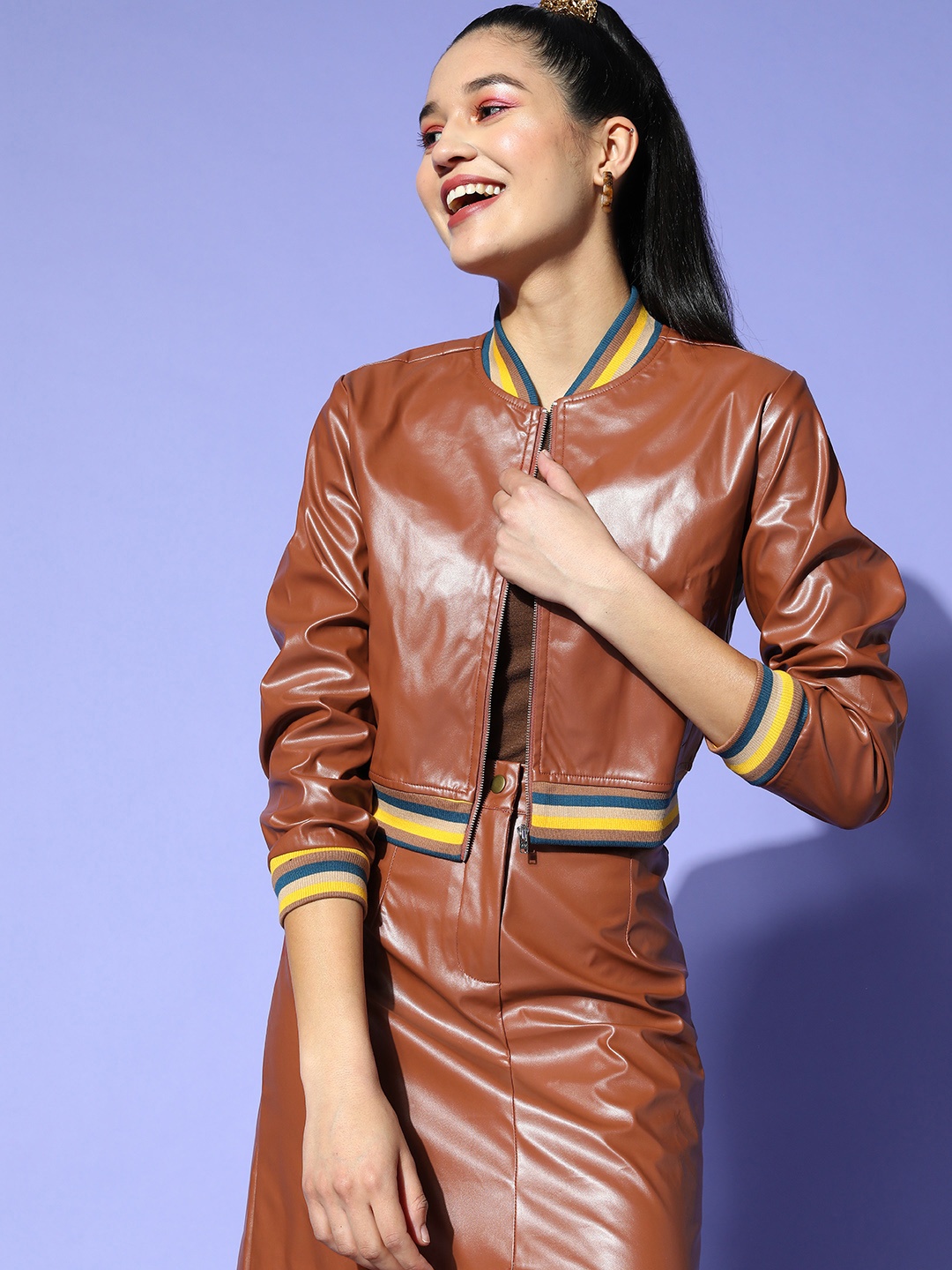 

SASSAFRAS Women Brown PU Striped Bomber Jacket