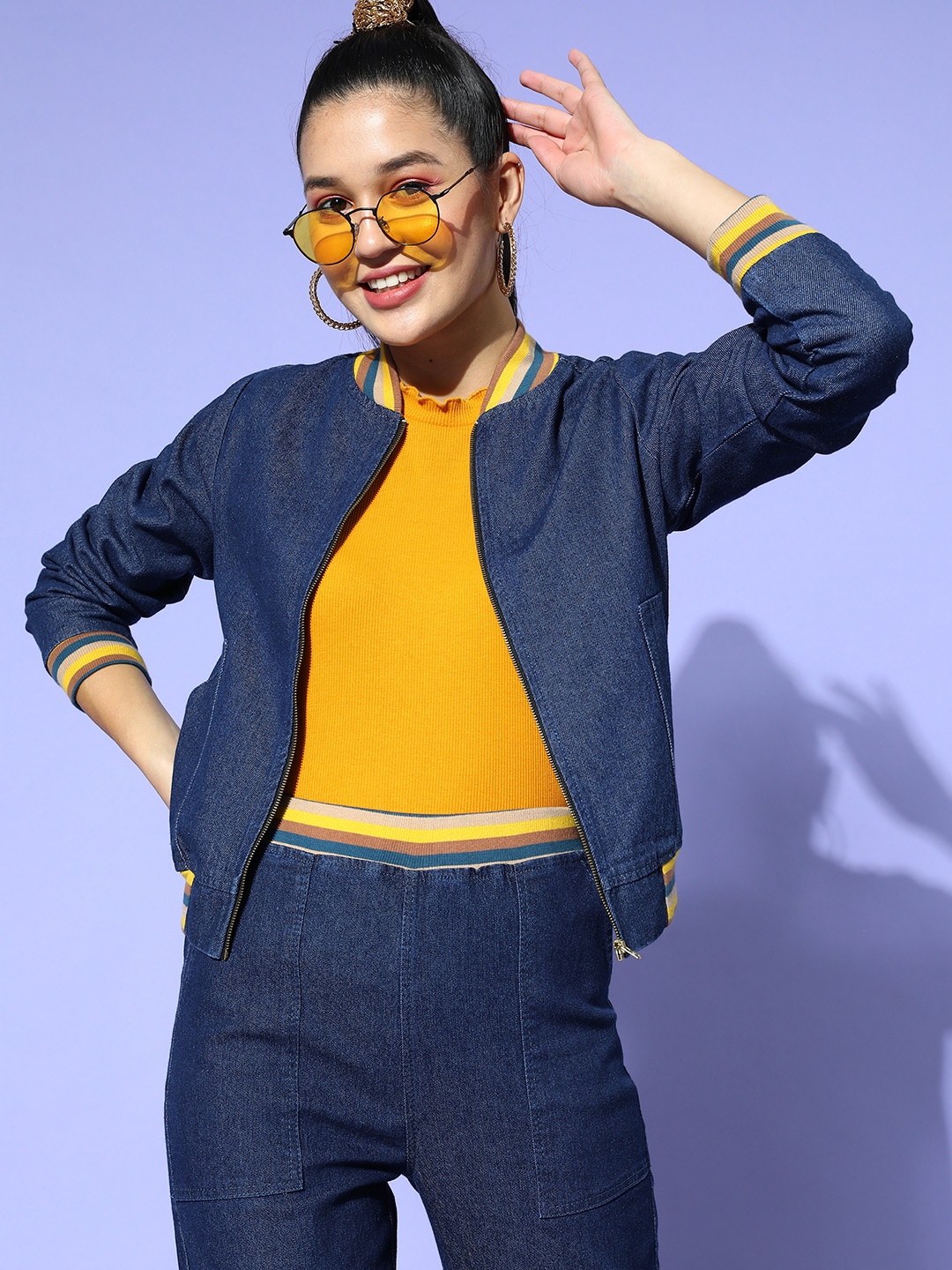 SASSAFRAS Women Navy Blue Yellow Bomber Jacket