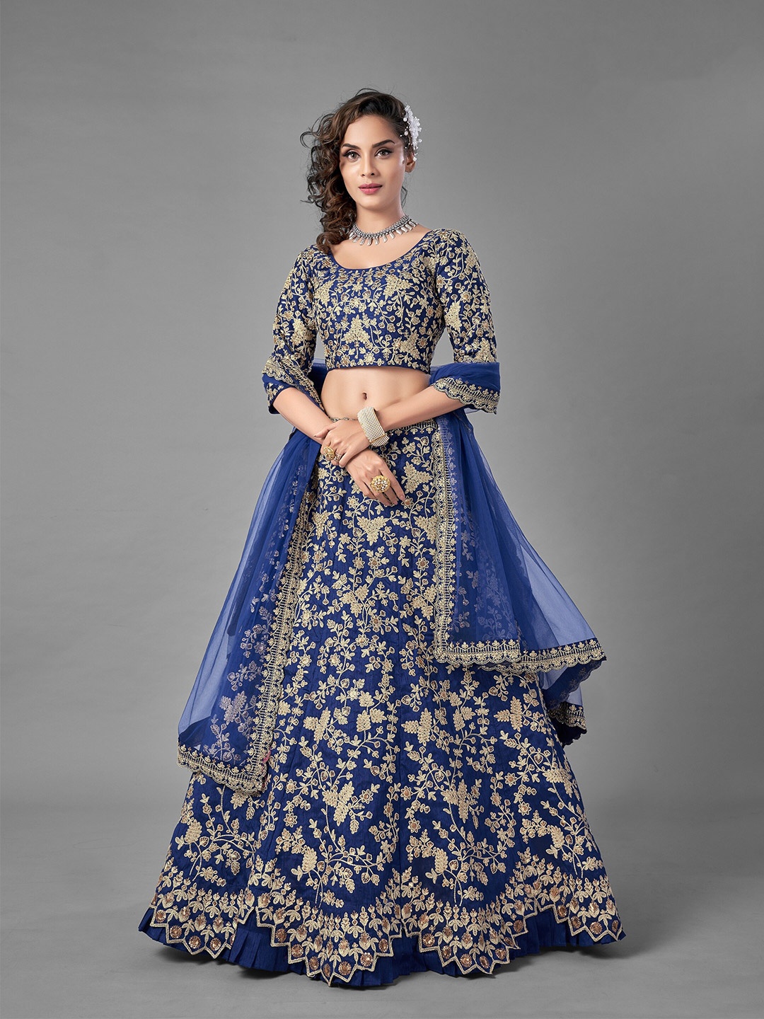 

DRESSTIVE Women Blue Embroidered Semi-Stitched Lehenga & Unstitched Blouse With Dupatta