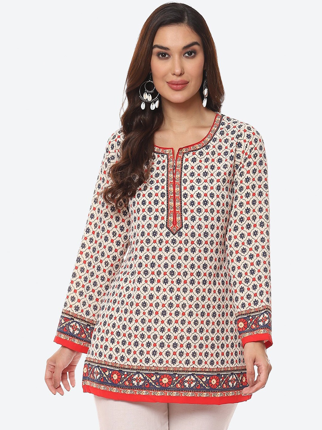 

Biba Cream-Coloured & Orange Ethnic Motifs Printed Straight Fit Kurti
