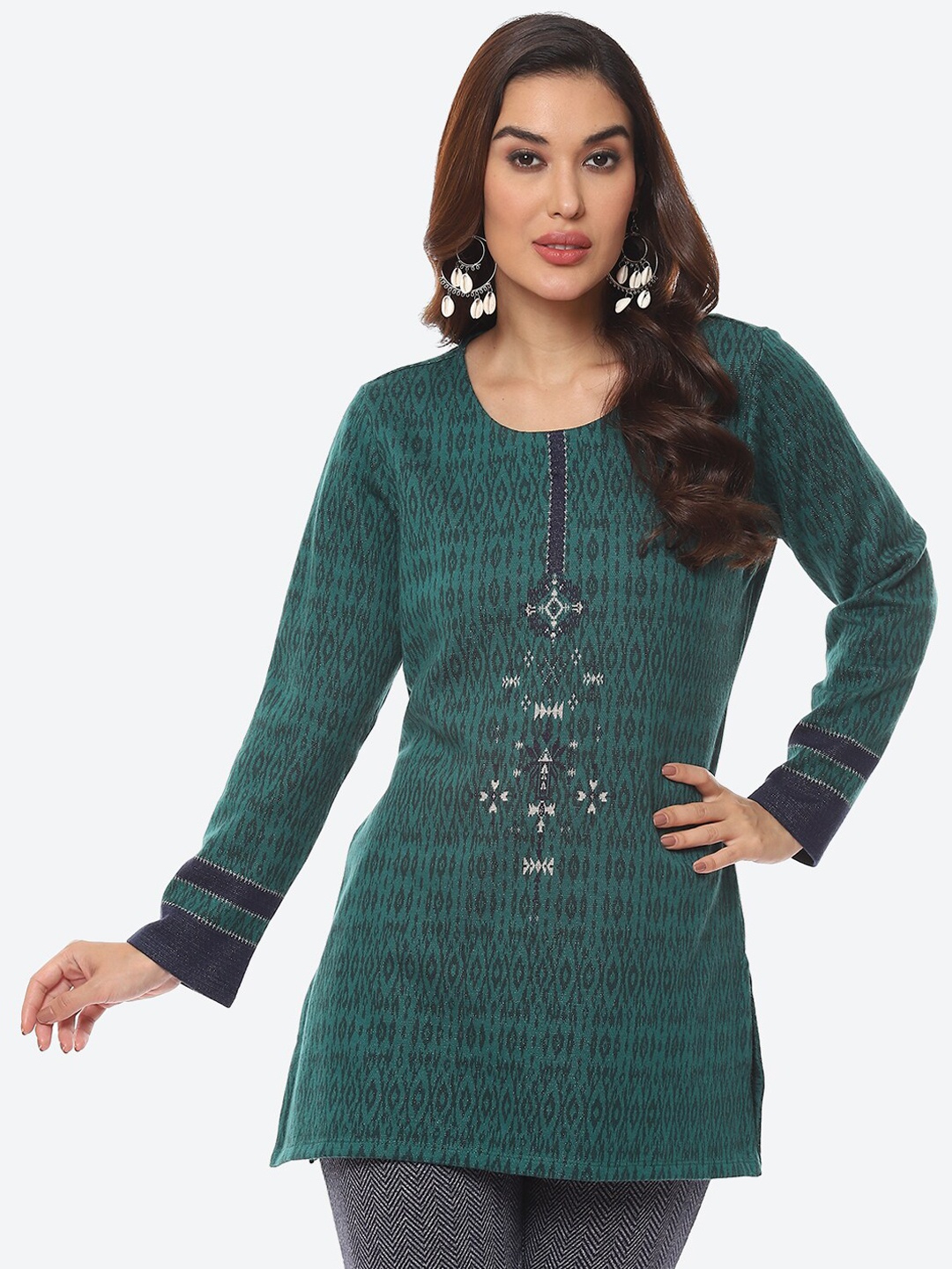 

Biba Green Ethnic Motifs Printed Jacquard Kurti