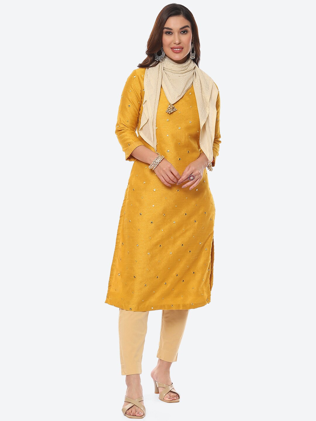 

Biba Women Yellow Embellished Mirror Work Straight Fit Art Silk Kurta with Dupatta