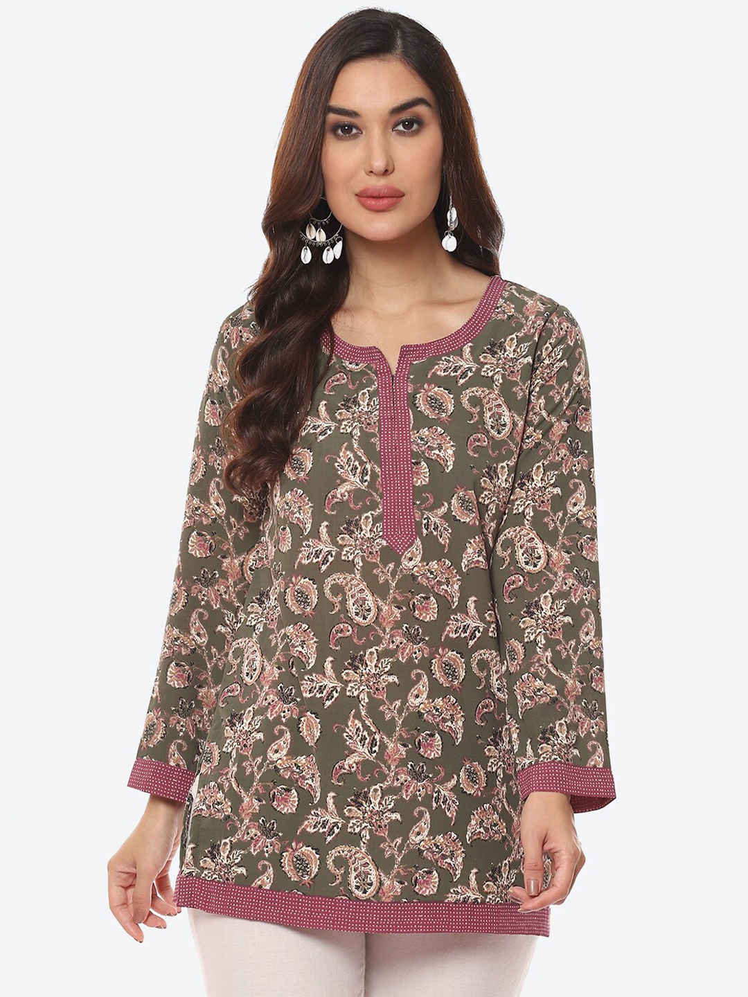 

Biba Olive Green Floral Printed Straight Fit Kurti