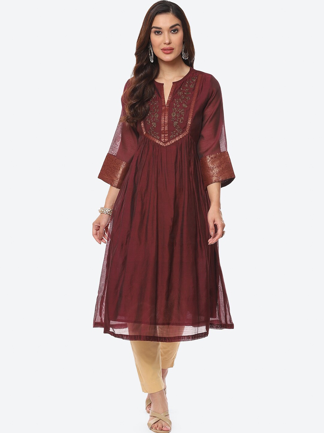 

Biba Women Plus Size Maroon & Gold-Toned Ethnic Motifs Embroidered Anarkali Kurta