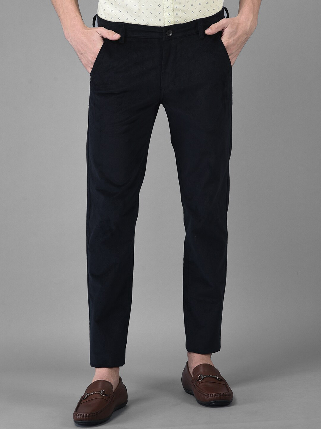 

Canary London Men Navy Blue Smart Slim Fit Wrinkle Free Cotton Trousers