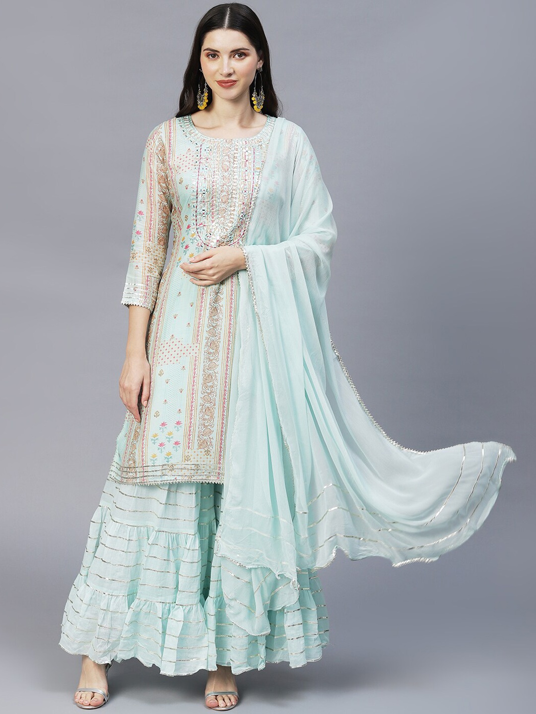 

Envy Me by FASHOR Women Sea Green Ethnic Motifs Printed Gotta Patti Kurta with Sharara & With Dupatta