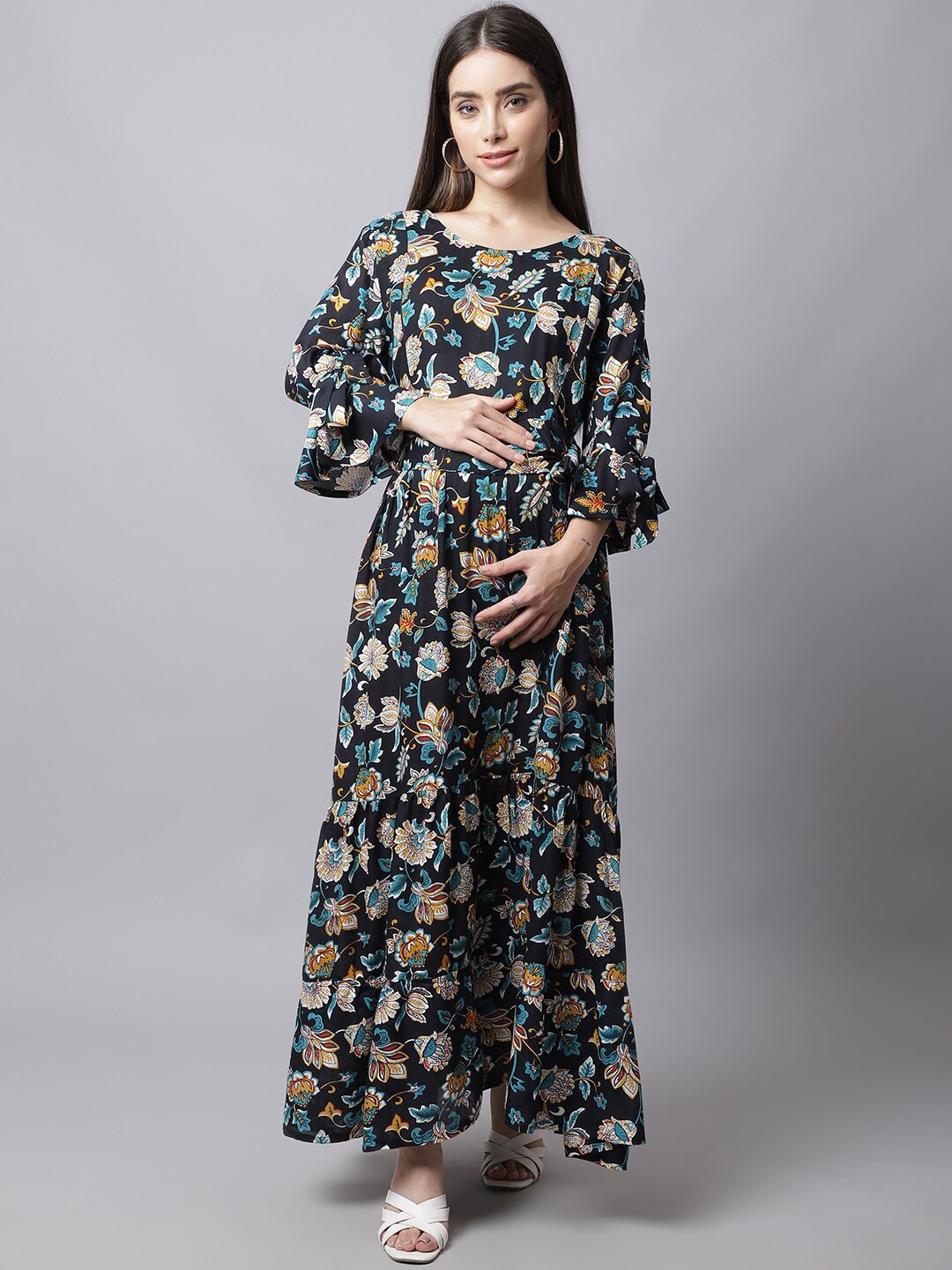 

Moms Maternity Women Black Floral Maternity Maxi Dress