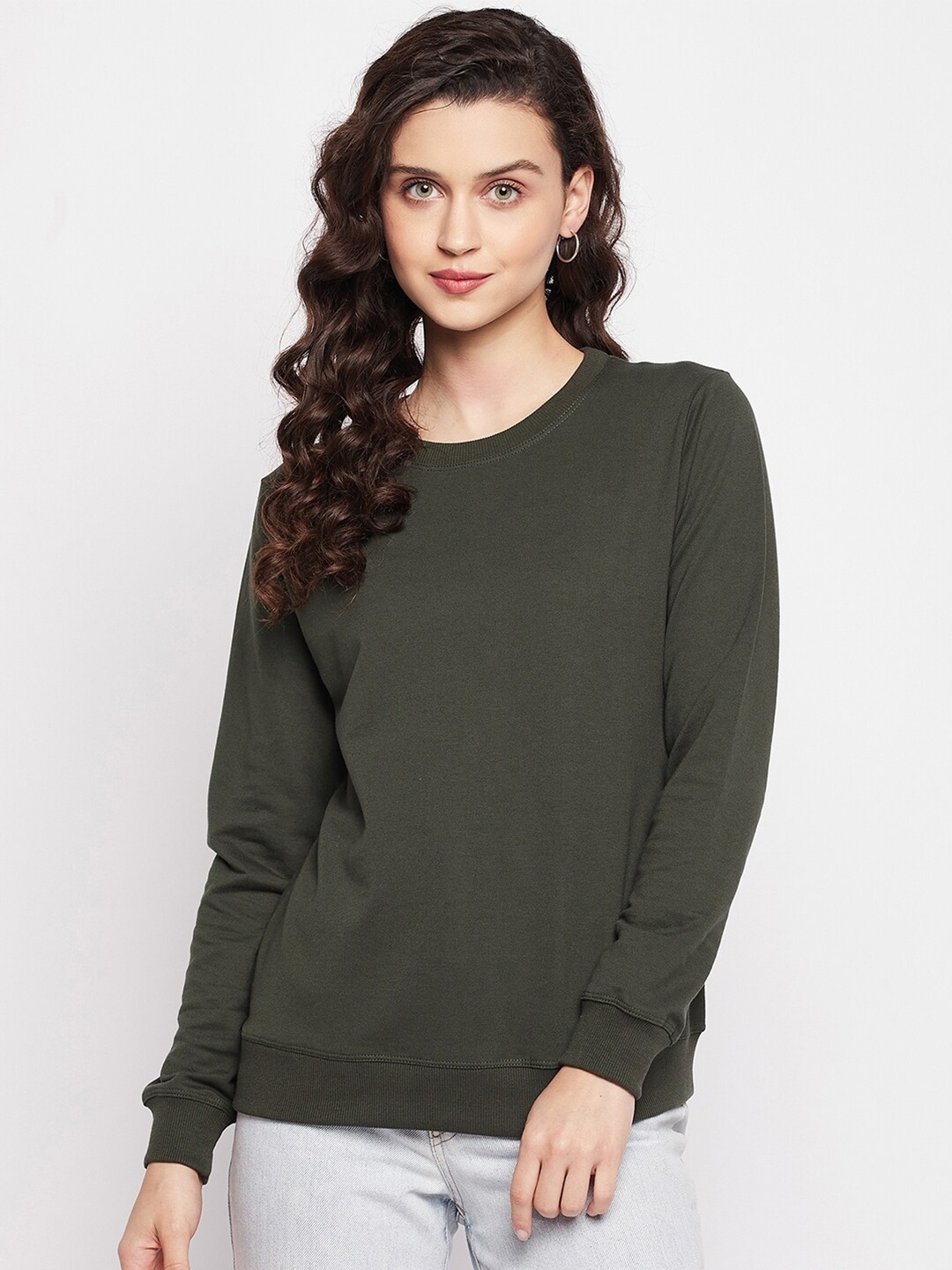 

FirstKrush Women Olive Green Round Neck Cotton Sweatshirt