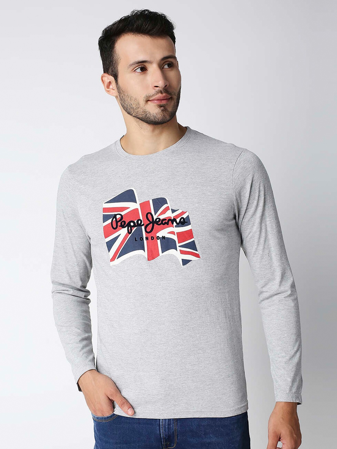 

Pepe Jeans Men Grey Printed Slim Fit Cotton T-shirt