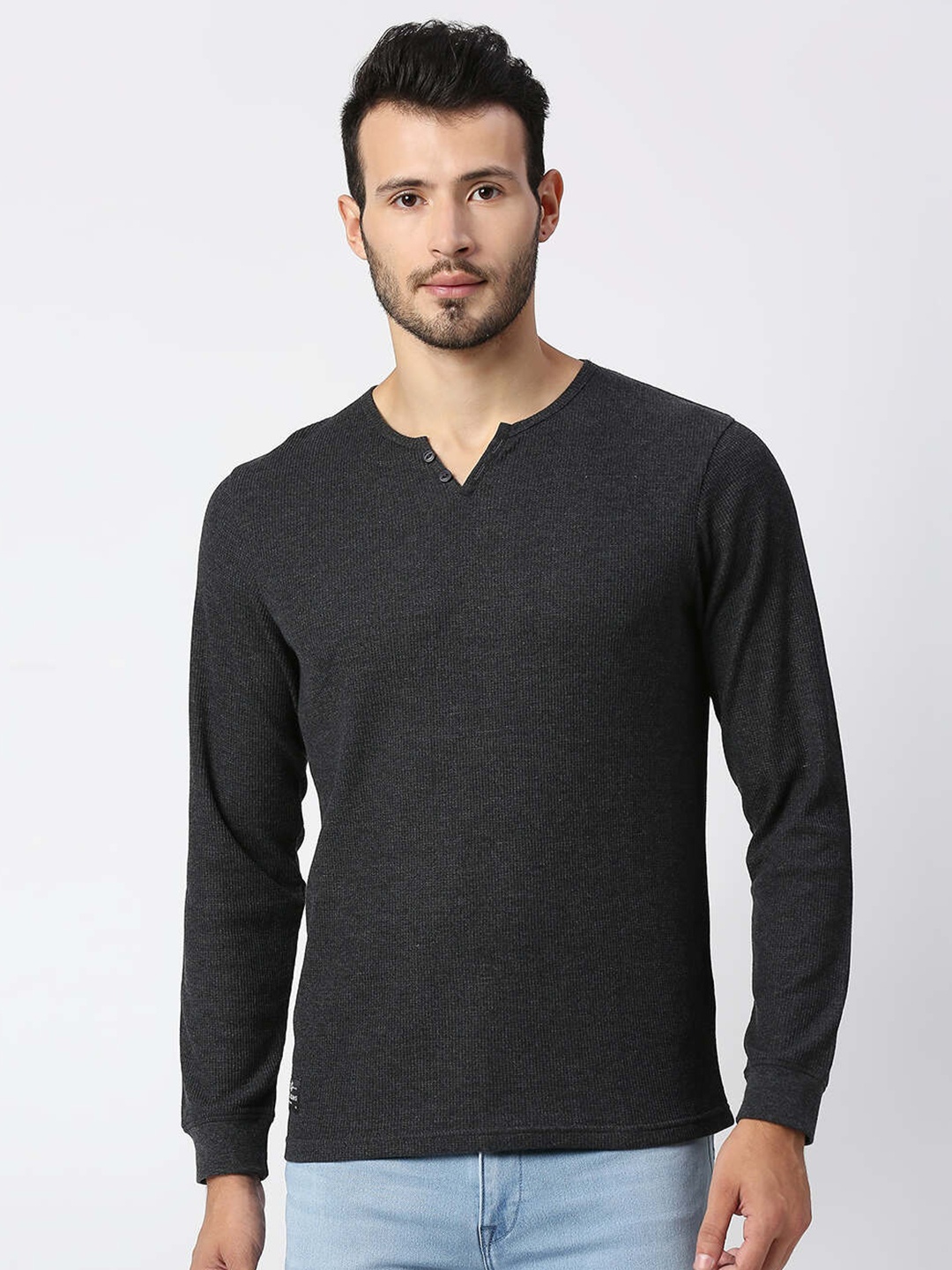 

Pepe Jeans Men Black Henley Neck Slim Fit T-shirt