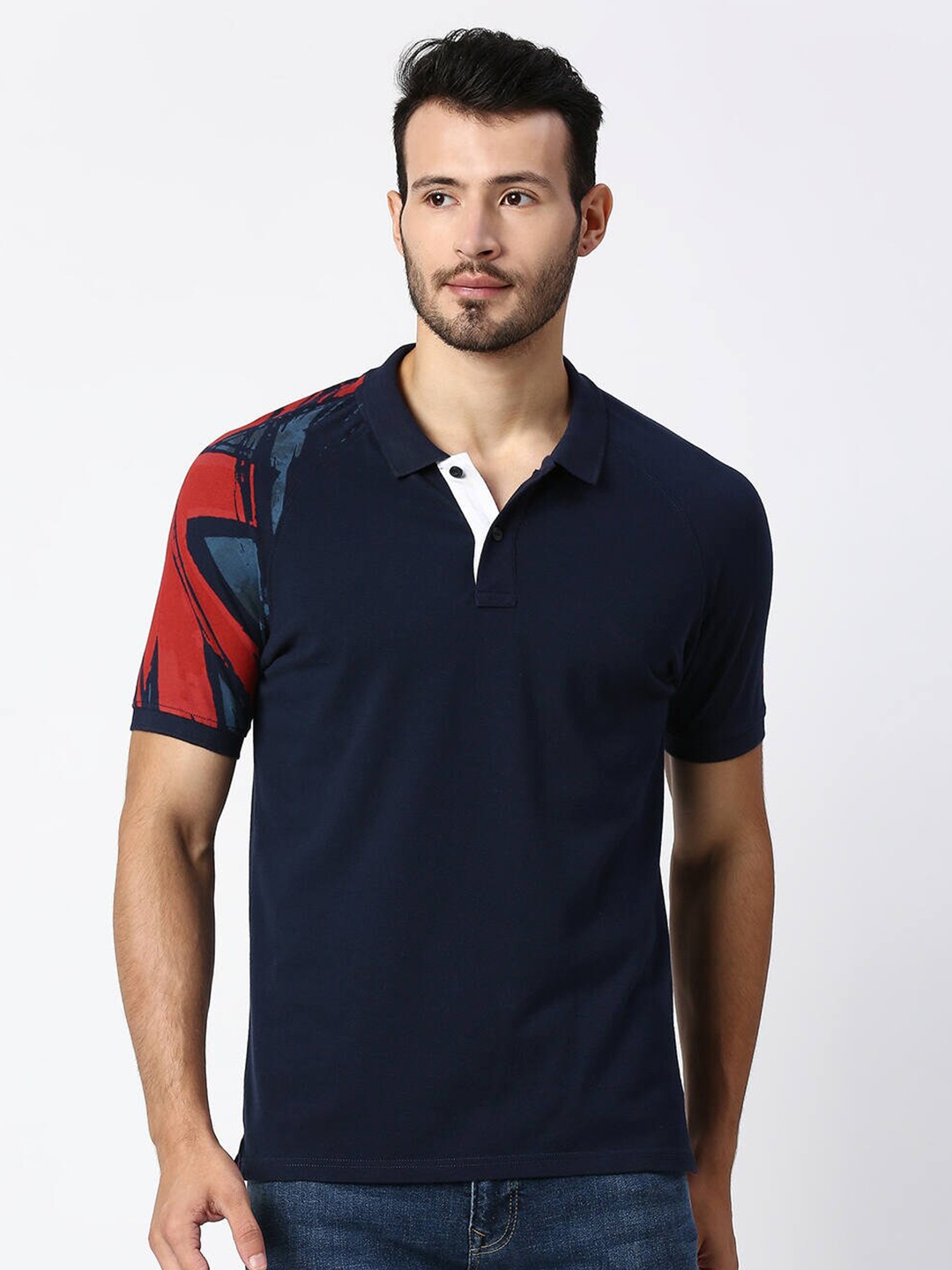 

Pepe Jeans Men Navy Blue & Red Printed Polo Collar Cotton T-shirt