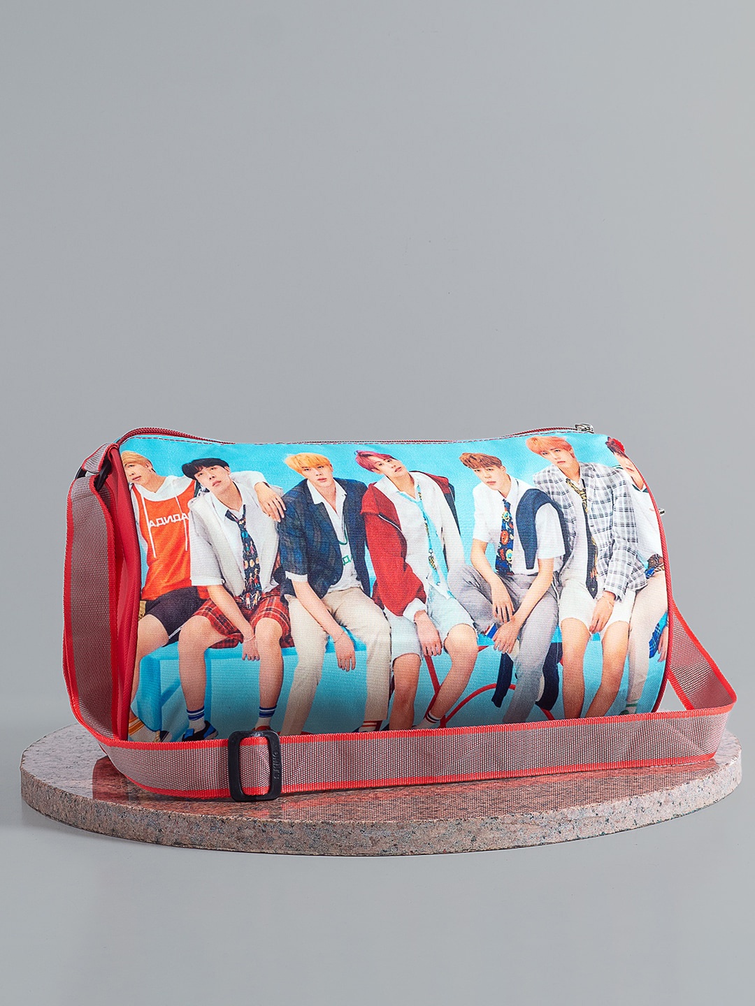 

Golden Peacock Kids Red BTS Theme Printed Duffel Bag