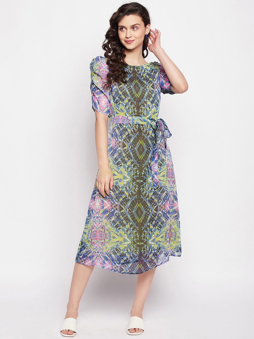 

Ruhaans Brown & Yellow Abstract Printed Georgette A-Line Midi Dress