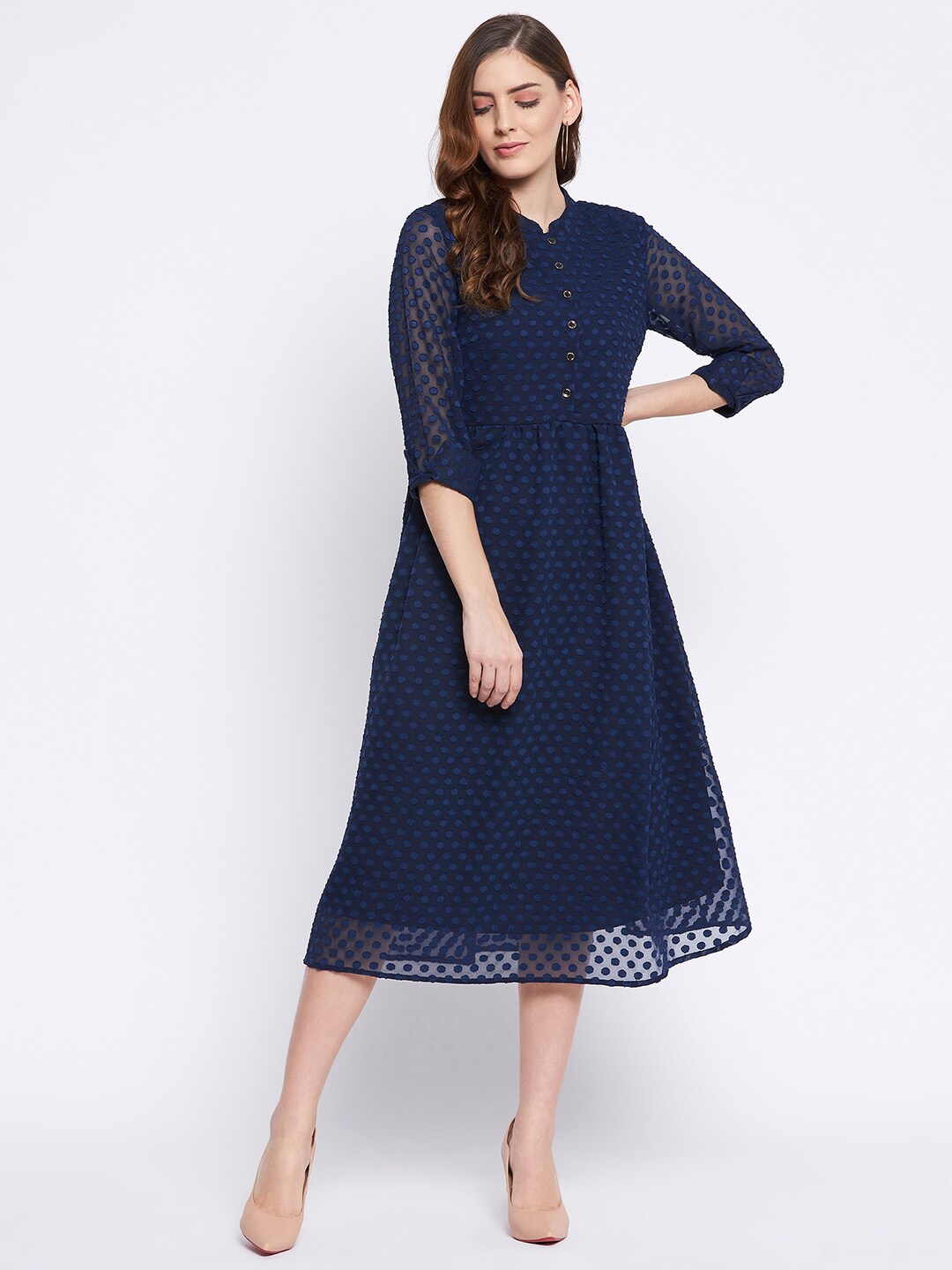 

Ruhaans Navy Blue Georgette A-Line Midi Dress