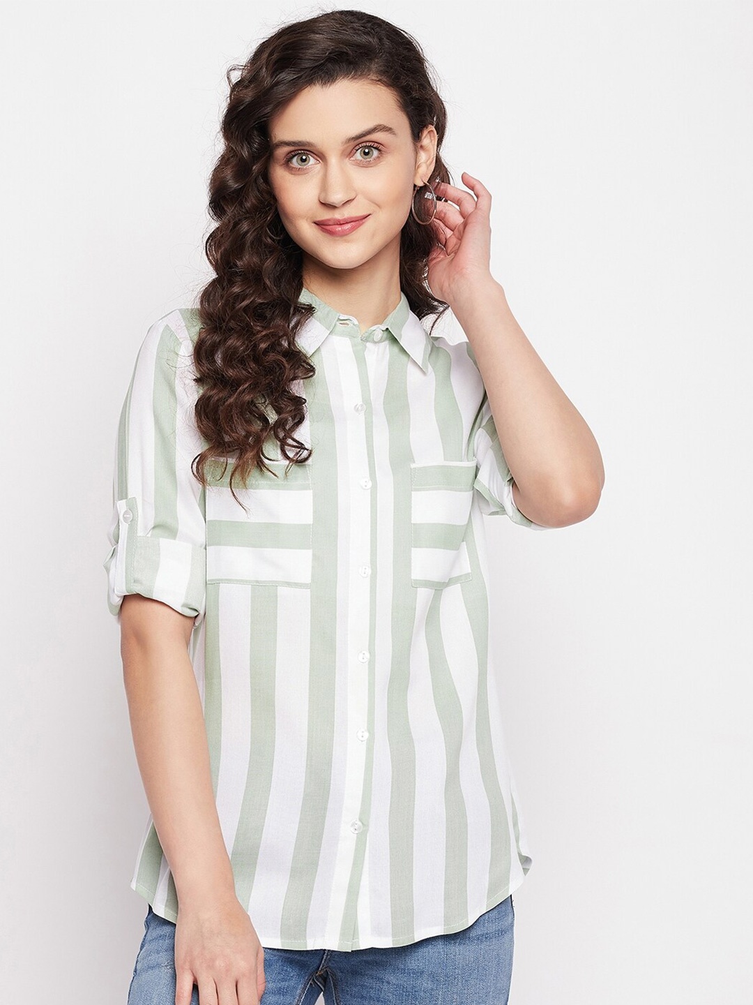 

Ruhaans Women Green Classic Striped Cotton Casual Shirt