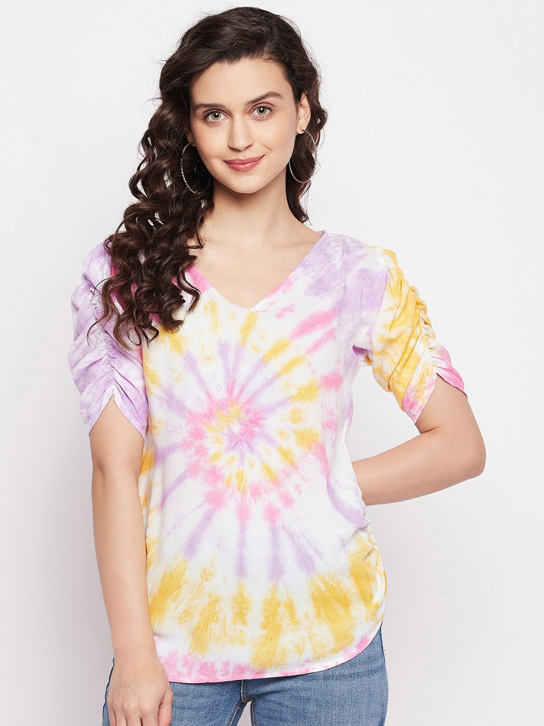 

Ruhaans Women's Pink & Yellow Tie & Dye Print Rayon Top