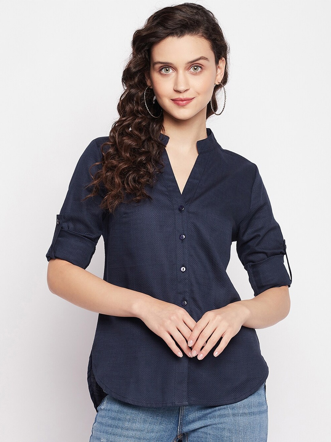 

Ruhaans Women Navy Blue Classic Solid Cotton Casual Shirt