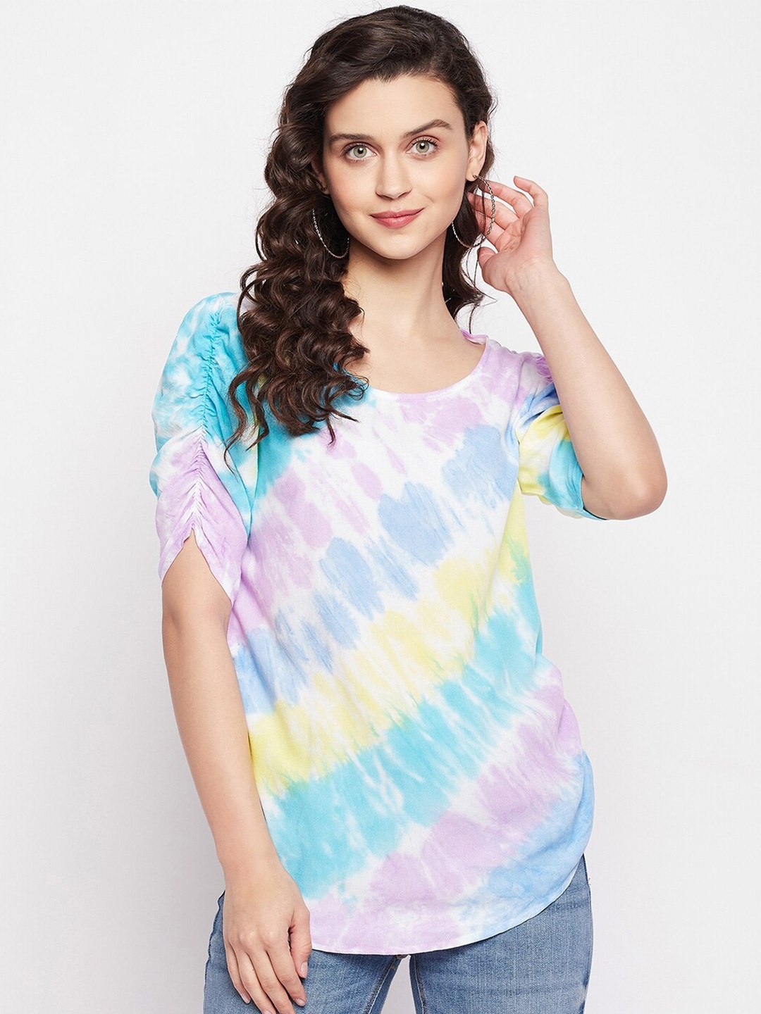 

Ruhaans Women Yellow & Blue Tie and Dye Top