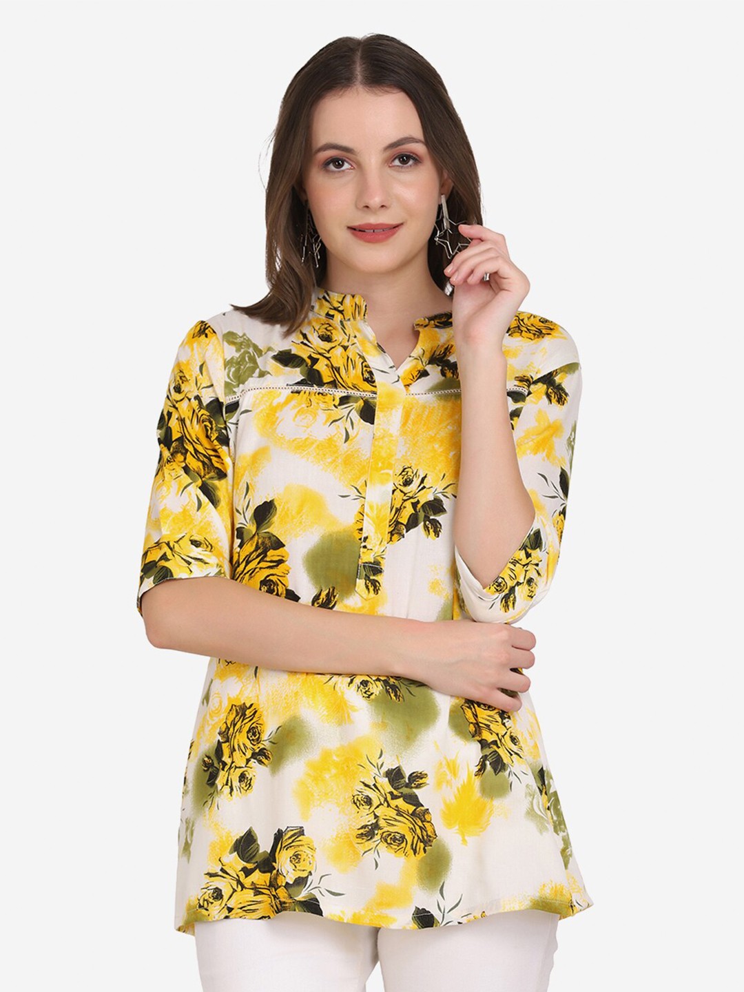 

SAKIA Yellow Floral Print Mandarin Collar Shirt Style Top