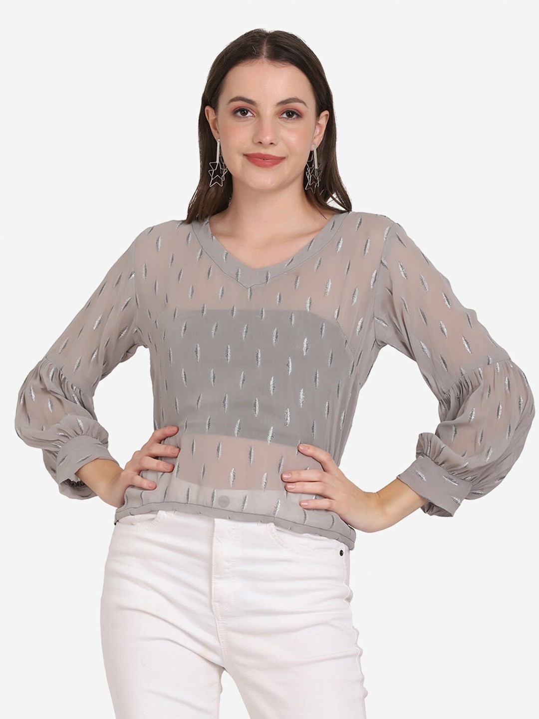 

SAKIA Grey Floral Embroidered Top