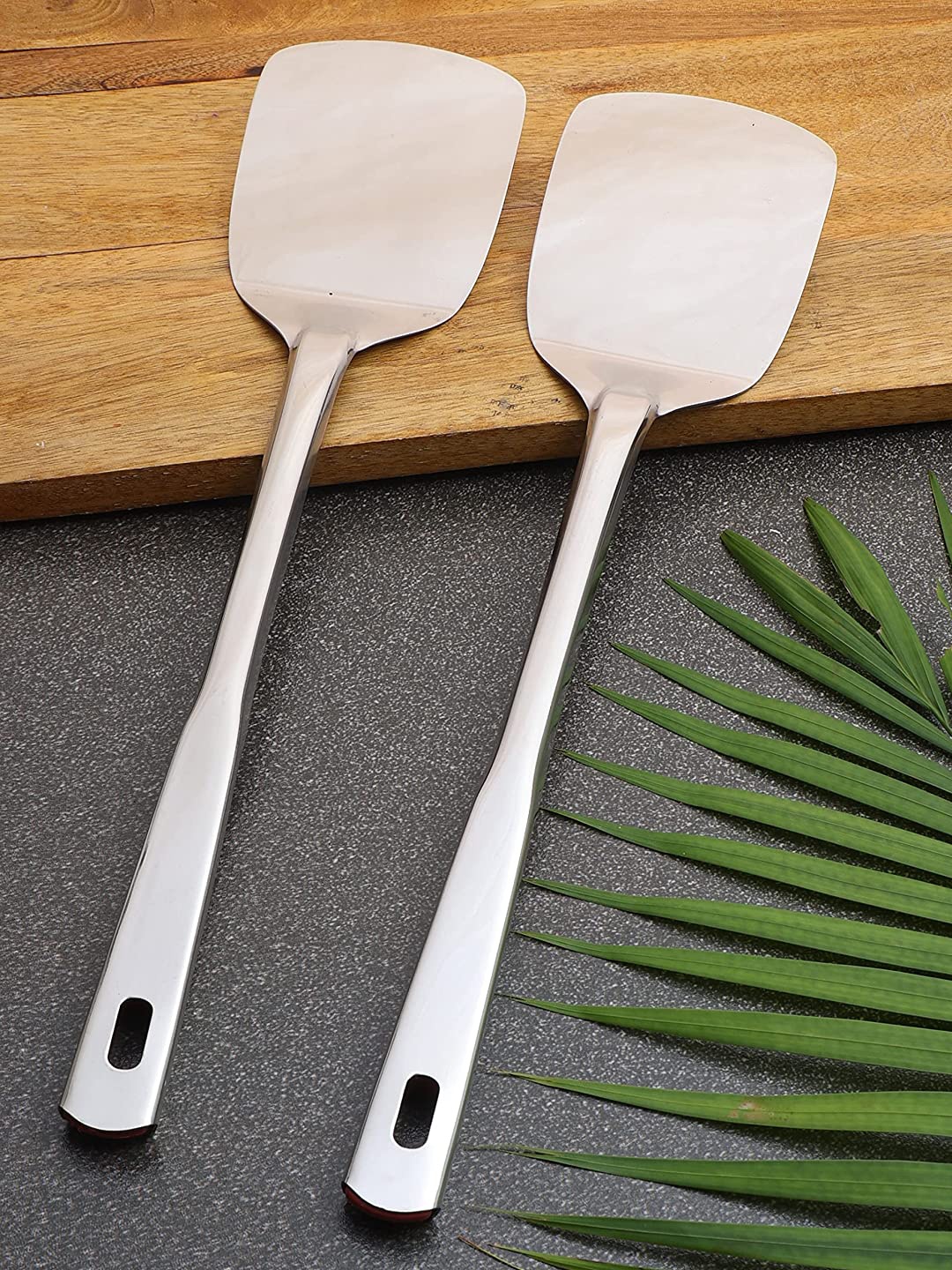

ZEVORA Serving spoon Set Of 2 Silver-Toned Stainless Steel Spatula Tava Turners