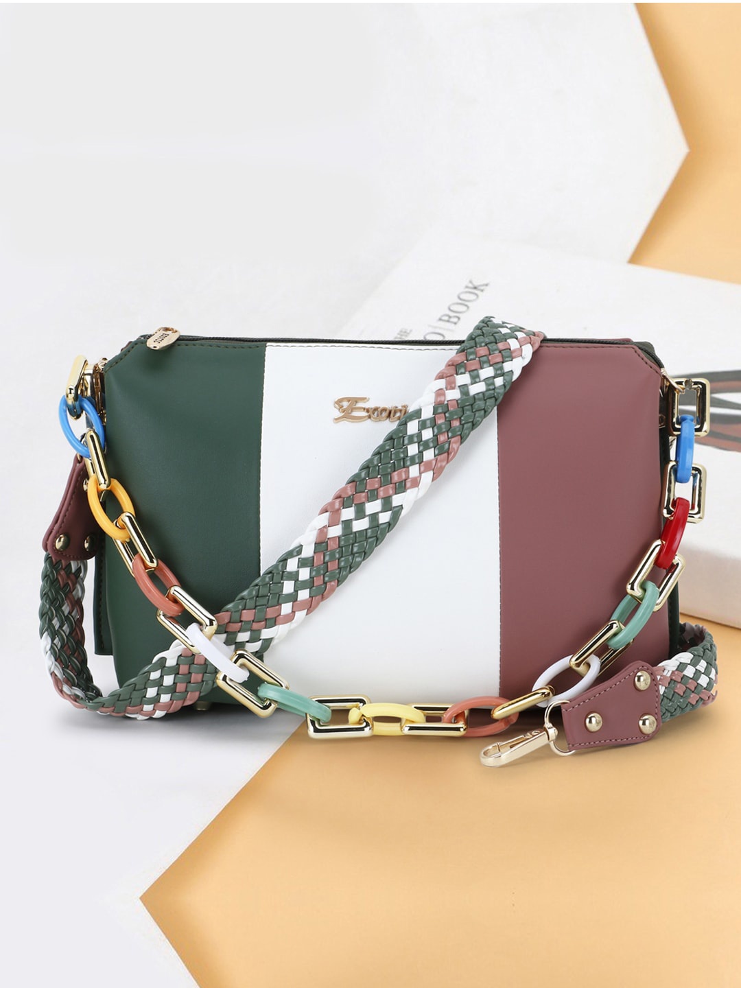 

Exotic White & Green Colourblocked PU Structured Shoulder Bag