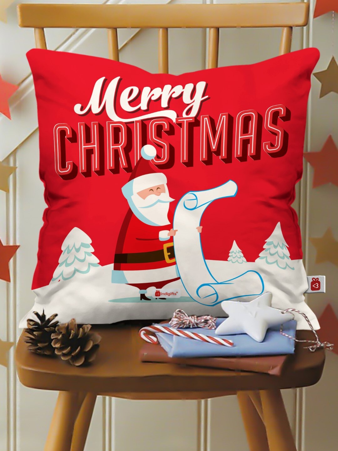 

Indigifts Red & White Merry Christmas Graphic Printed Cushion