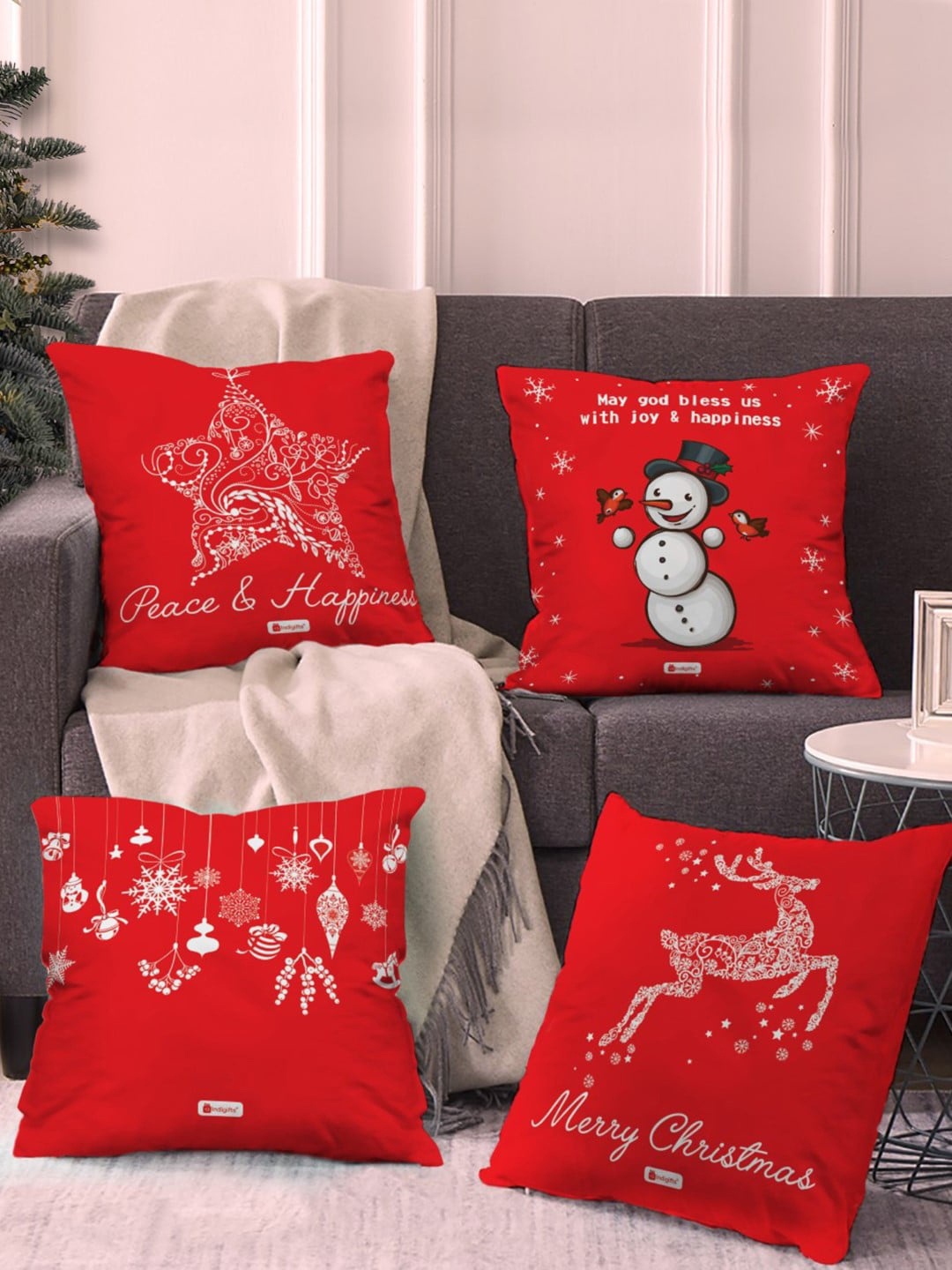 

Indigifts Set Of 4 Red & White Graphic Printed Cushions