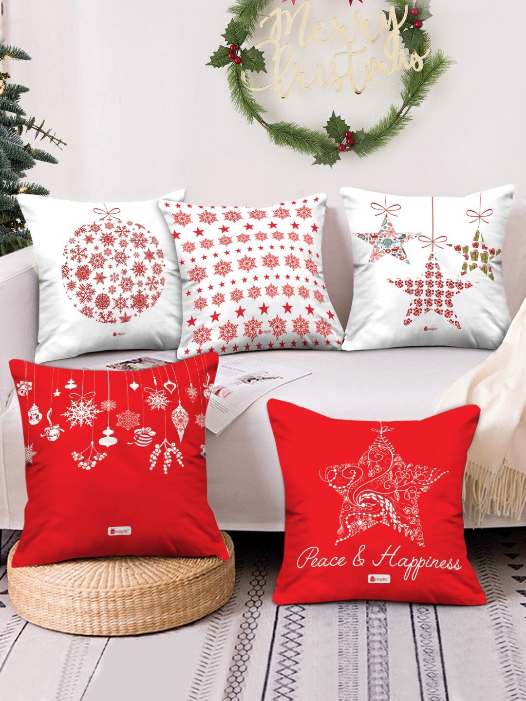 

Indigifts Set Of 5 Red & White Conversational Printed Pre-Filled Cushions