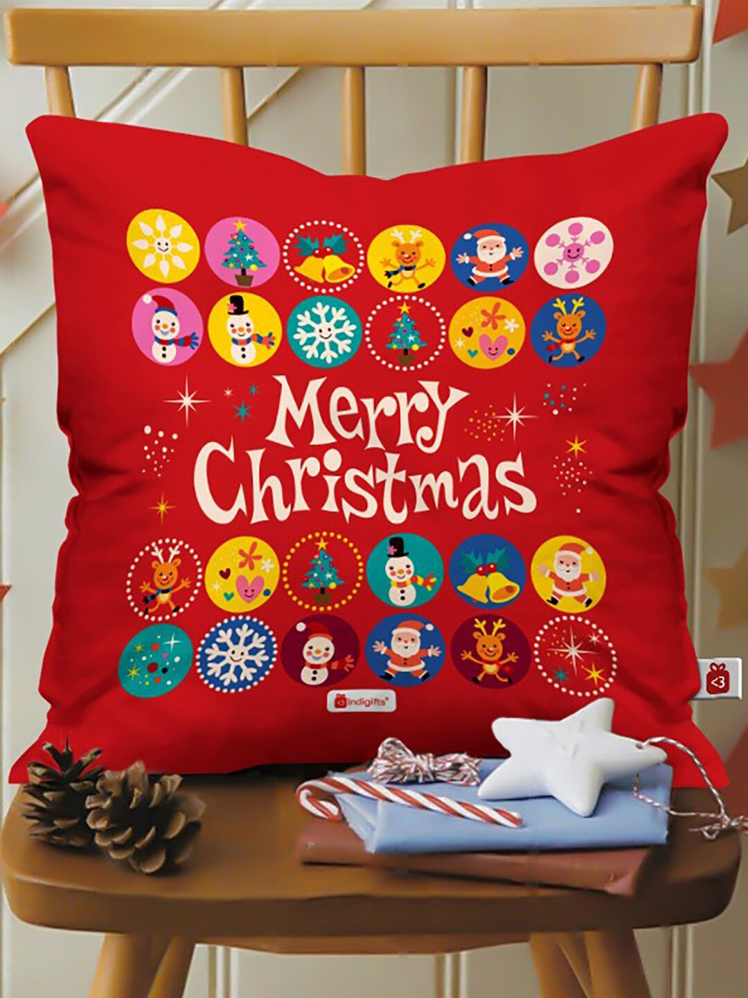 

Indigifts Merry Christmas Printed Square Cushion with Filler, Red